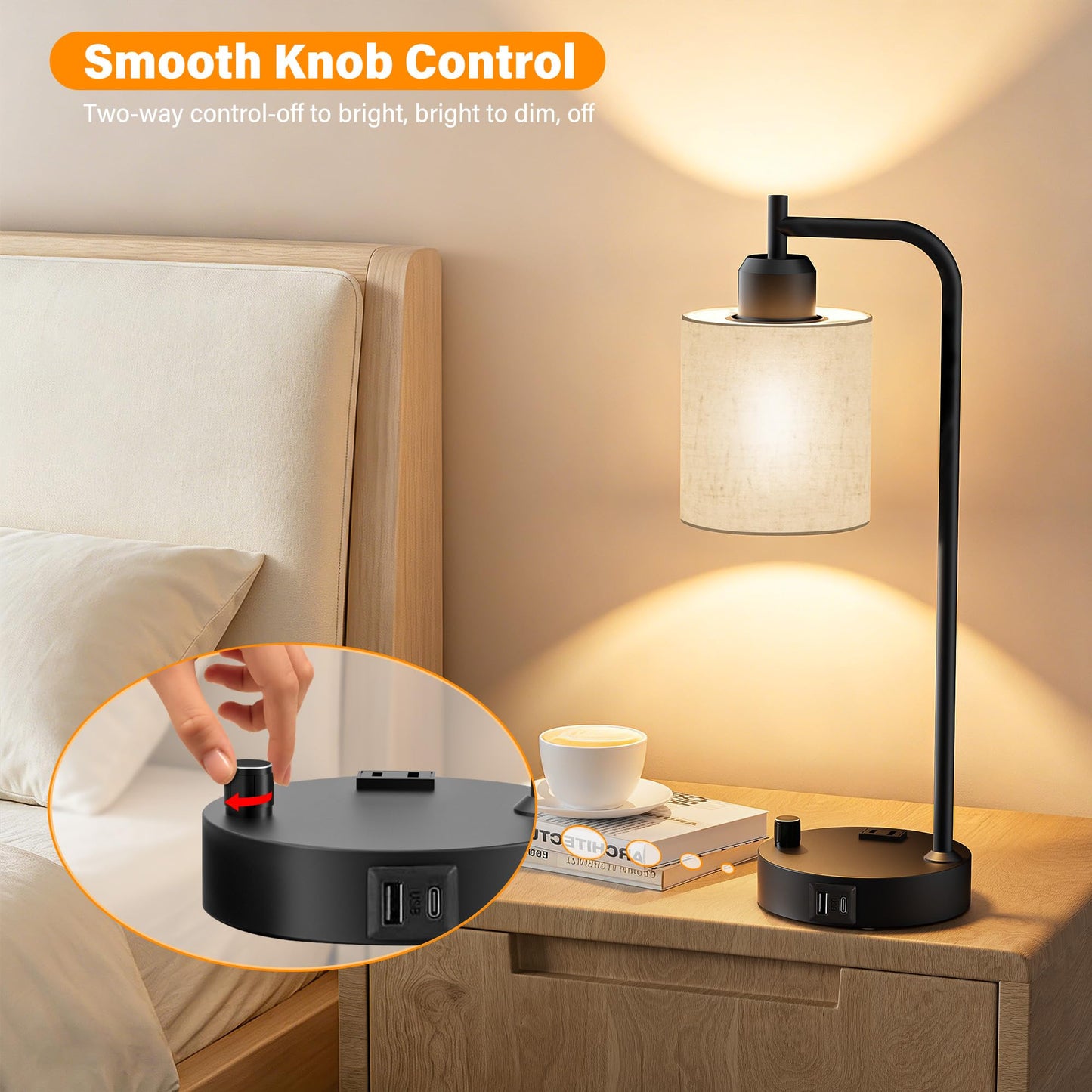 SIBRILLE Industrial Table Lamps with Linen Shade, Set of 2 Fully Dimmable Bedside Lamps with USB A+C Ports and Outlet, Black Nightstand Desk Lamps for Bedrooms Living Room Office, 2 LED Bulbs Included