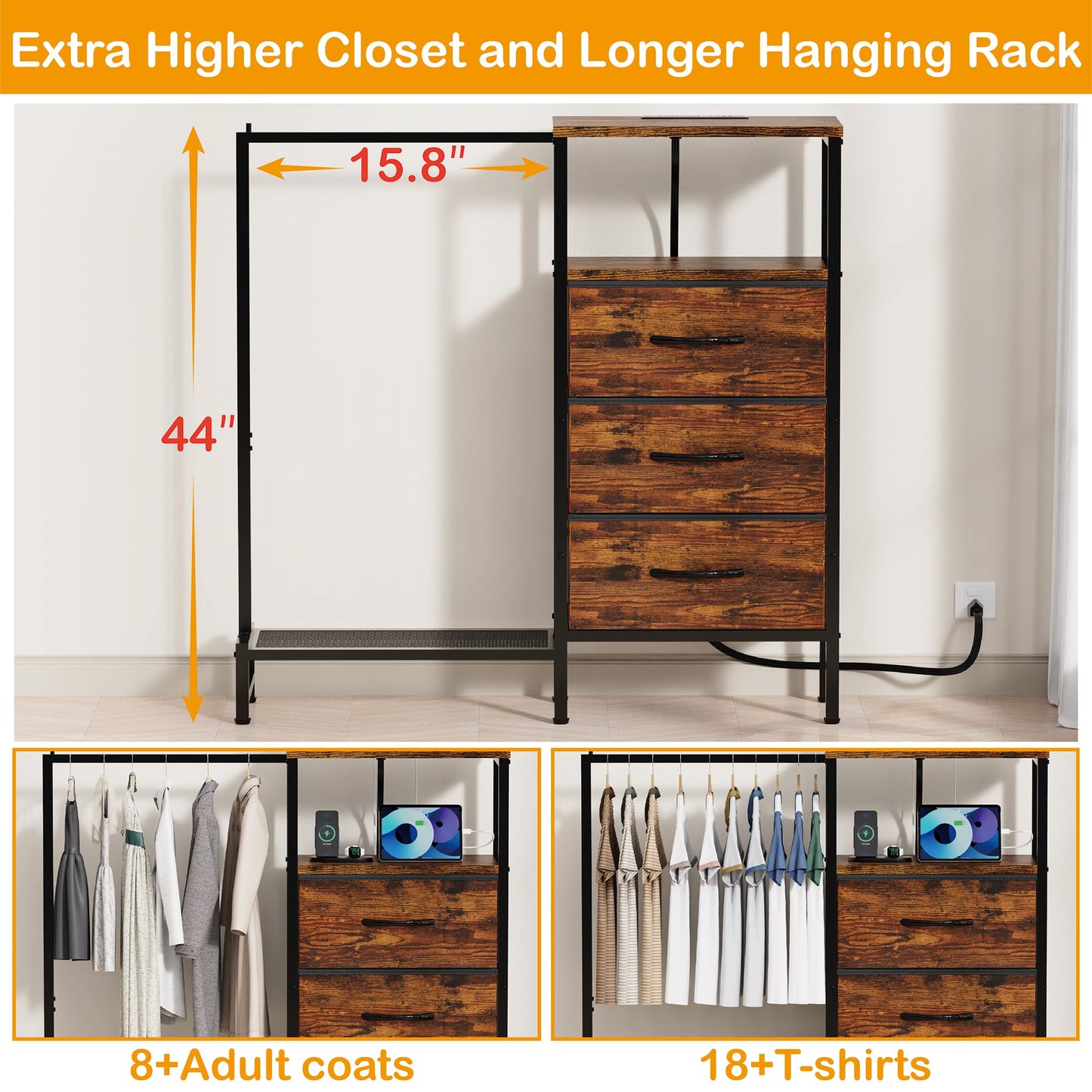 ZHNSYDN Dresser for Bedroom with Hanging Rack, 3 Drawers Closet with Charging Station, Fabric Chest of Drawers with Clothes Rack, Storage Organzier for Hallway Entryway, Brown