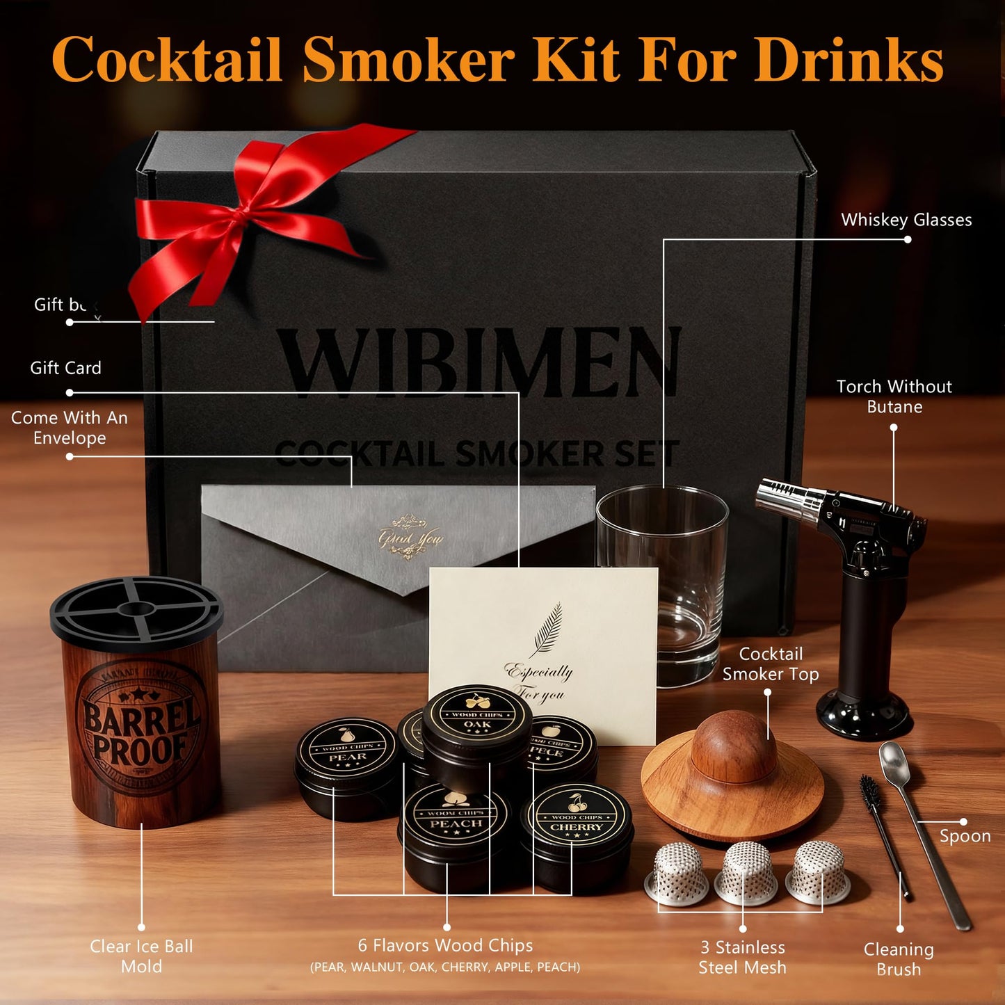 Whiskey Smoker Kit with Crystal Clear Ice Ball Maker, Torch Included, 6 Wood Chip Flavors, Old Fashioned Cocktail Smoker Kit, Bourbon Whiskey Gifts for Men, Dad (No Butane)