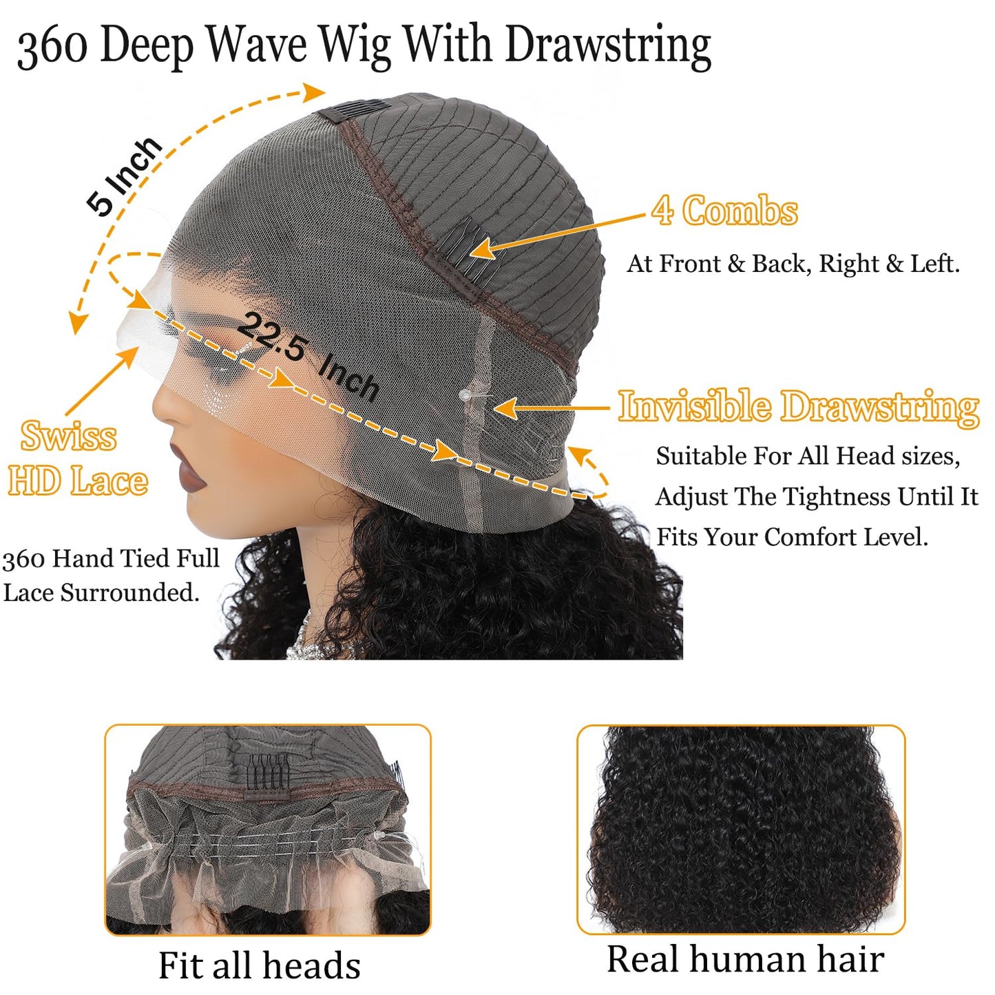 360 Lace Front Wigs Human Hair Deep Wave Full Lace Human Hair Wigs Upgraded 360 Drawstring Wig Human Hair Pre Plucked Hidden Strap 360 HD Full Lace Wigs For Black Women（18 Inch）