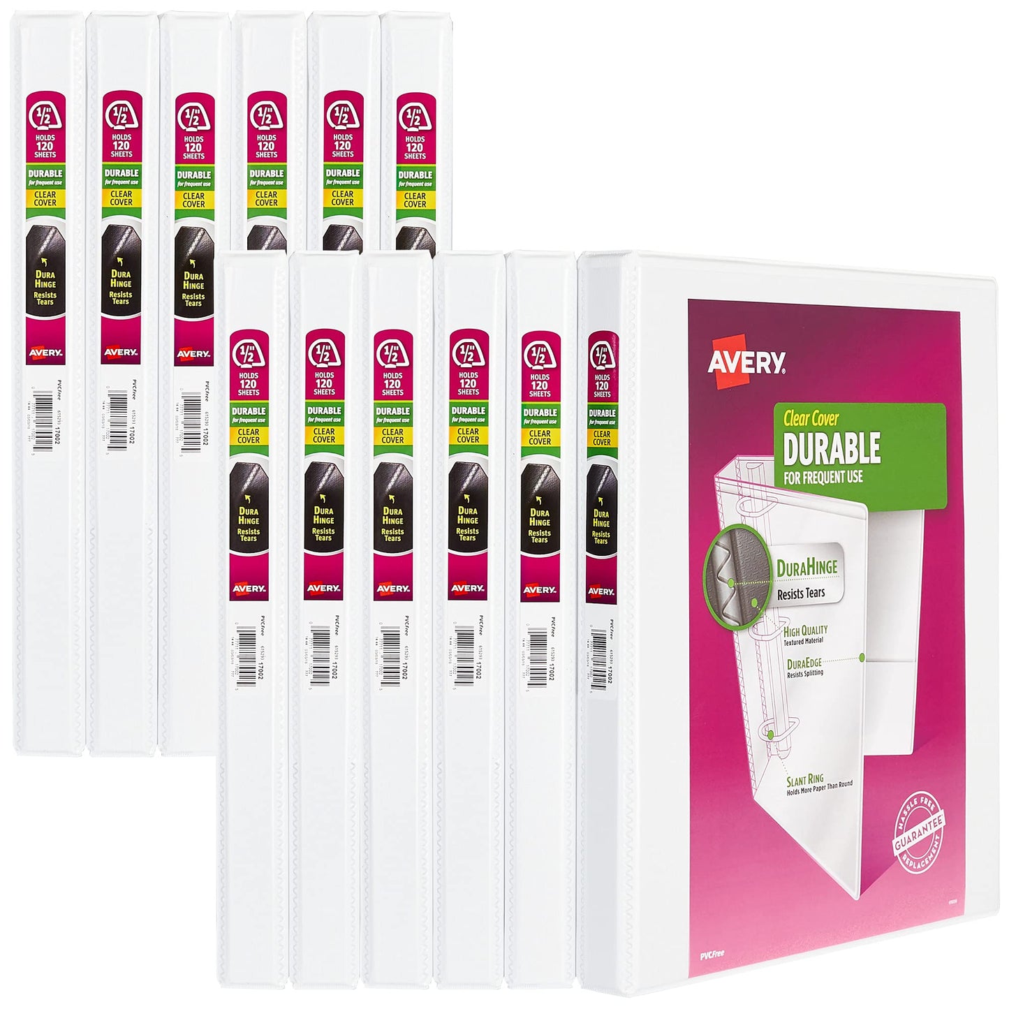 Avery Durable View 3 Ring Binders, 0.5" Slant Rings, 135-Sheet Capacity, 0.7 Inch Wide Spine, Great for Home, School Supplies, Office, or Organization Needs, White Binders (12-Pack of 17002)