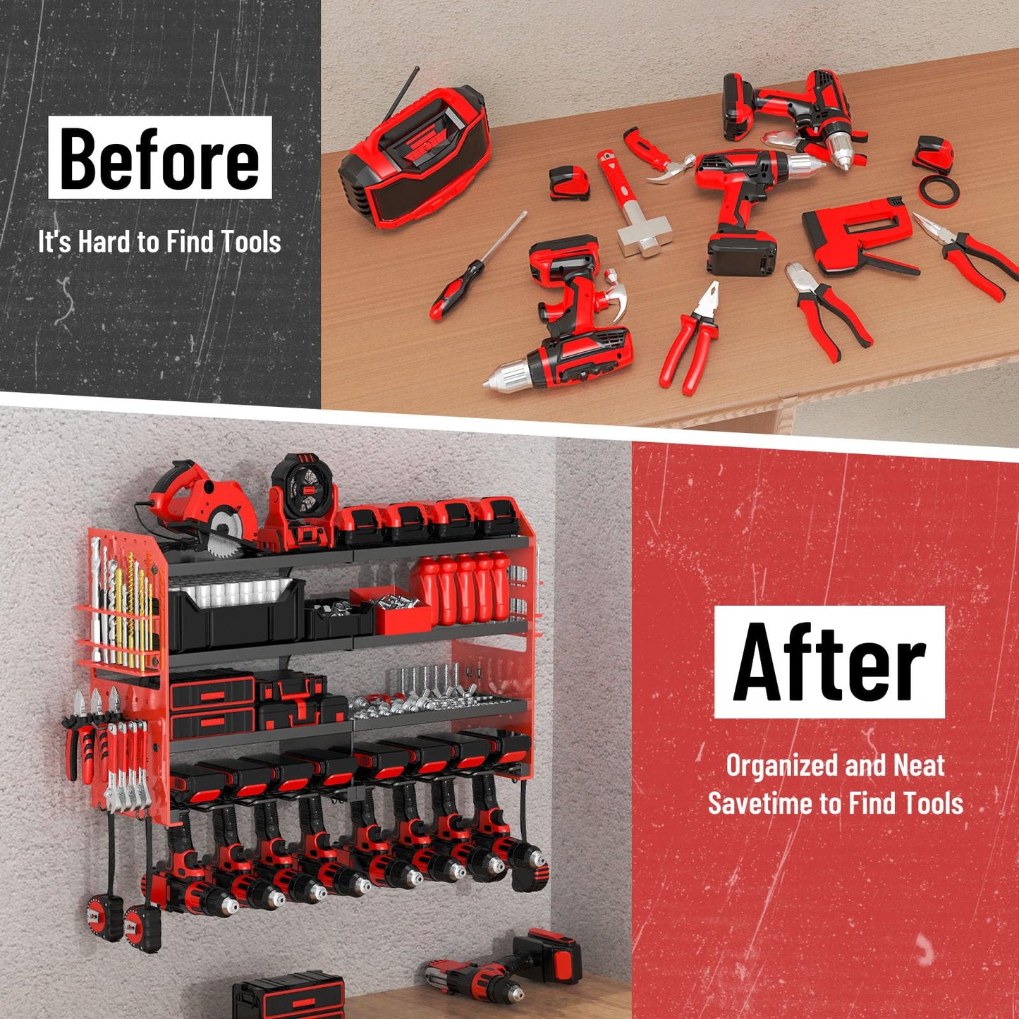 VeyFolzin.st Large Power Tool Organizer Wall Mount with Charging Station, 4 Layer Heavy Duty Metal Cordless Tool Organizer, Tool Storage Rack with 8 Cordless Drill Holder Screwdriver Hammer(Red)