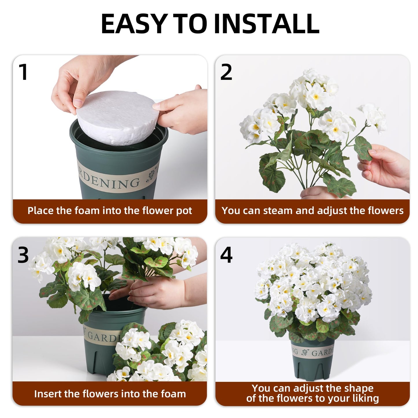 Geraniums Artificial Flowers for Outdoors, 2 Pack Potted Plants White Faux Geraniums Bush Artificial Topiaries Realistic UV Resistant Fake Flowers Plants for Planters Outside Gardens Front Door Indoor