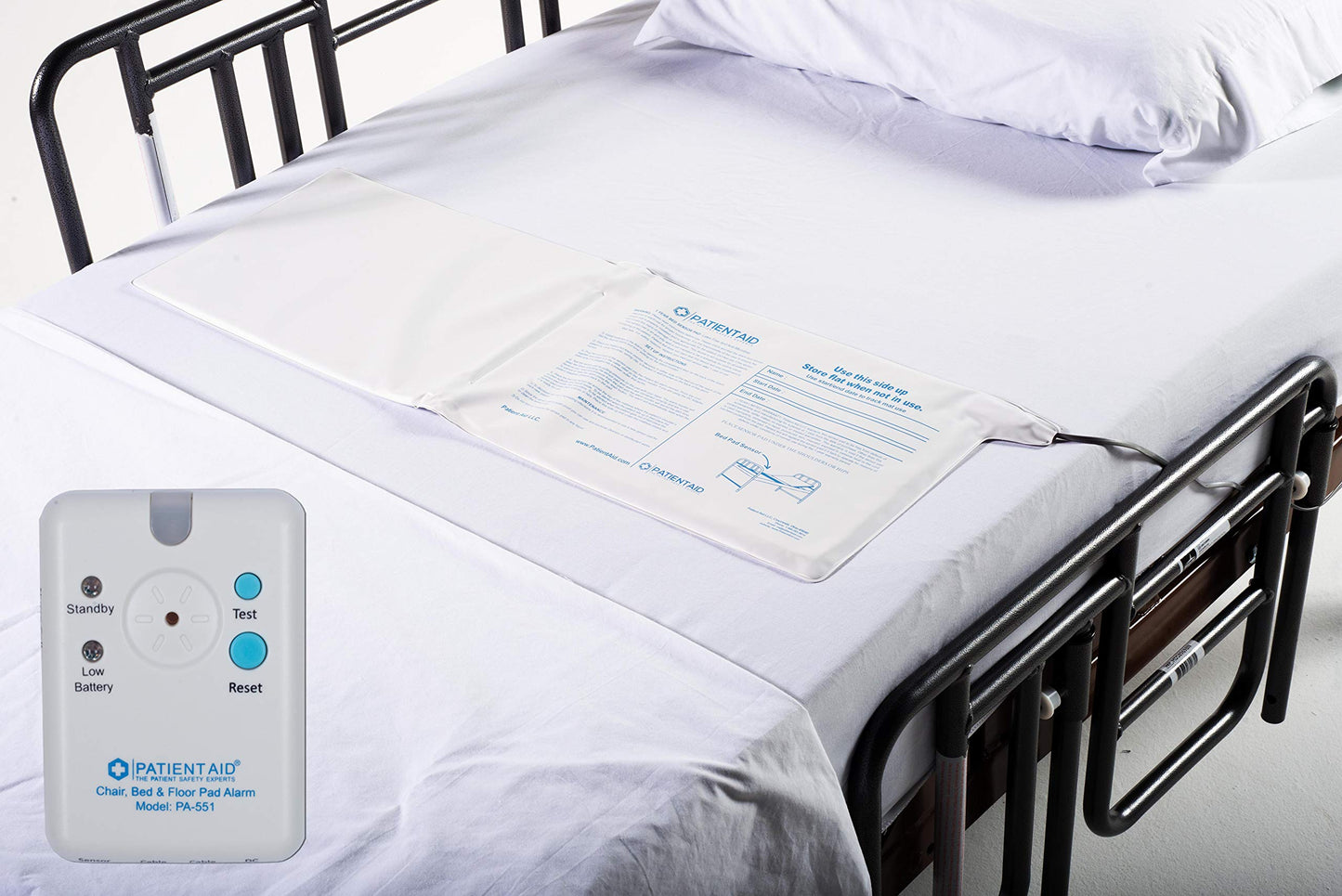 Patient Aid Advanced Bed and Floor Alarm for Elderly Monitoring - 10" x 30" Underpad with Motion Sensor Bed Alarm, 3 Ring Chime & 3 Mounting Options, with AC Adapter & 9V Battery