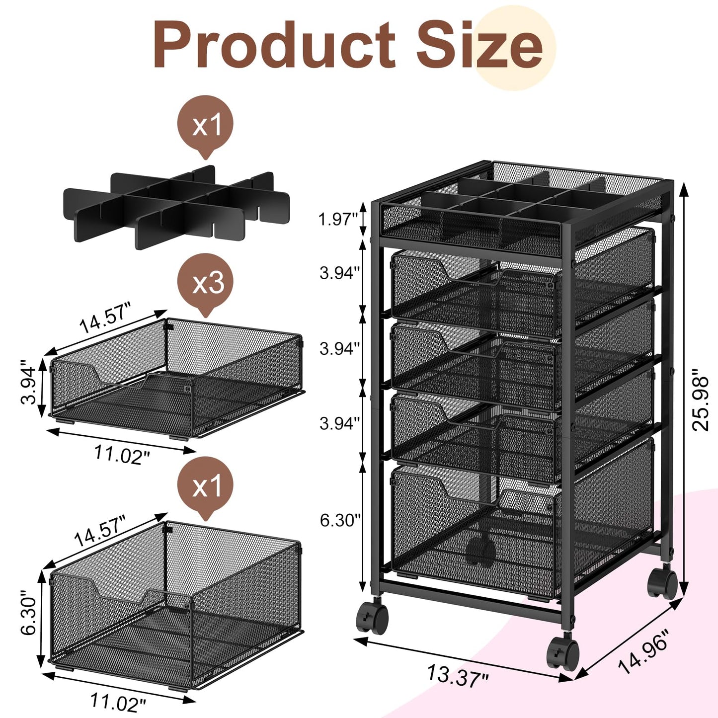 5-Tier Rolling Makeup Cart Organizer with 4 Drawers, Cosmetics Display with Dividers, Floor Skincare Storage with Wheels, Versatile Vanity Organizer for Nail Polish Perfume Brush Hair Tool, Black