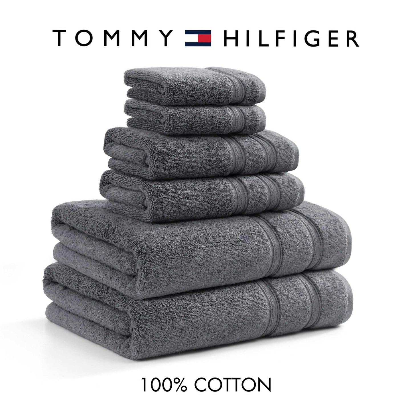 Tommy Hilfiger – Bathroom Towels, Soft Cotton Washcloths, Bath & Hand Towel Set, Zero Twist, Medium Weight & Highly Absorbent, Set of 6, College Dorm Room Essentials (Harborside Charcoal)
