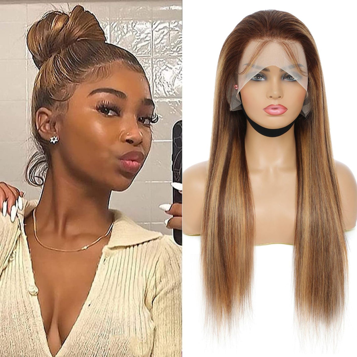 360 Lace Front Wigs Human Hair Highlight Ombre Straight Honey Blonde HD Transparent Lace Pre Plucked with Baby Hair 12A Brazilian Virgin Remy Hair P4/27 Colored Human Hair Wig 150% Density 18 Inch