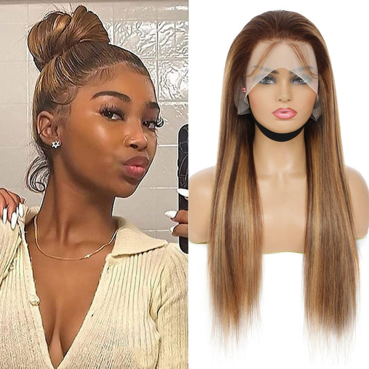 360 Lace Front Wigs Human Hair Highlight Ombre Straight Honey Blonde HD Transparent Lace Pre Plucked with Baby Hair 12A Brazilian Virgin Remy Hair P4/27 Colored Human Hair Wig 150% Density 18 Inch