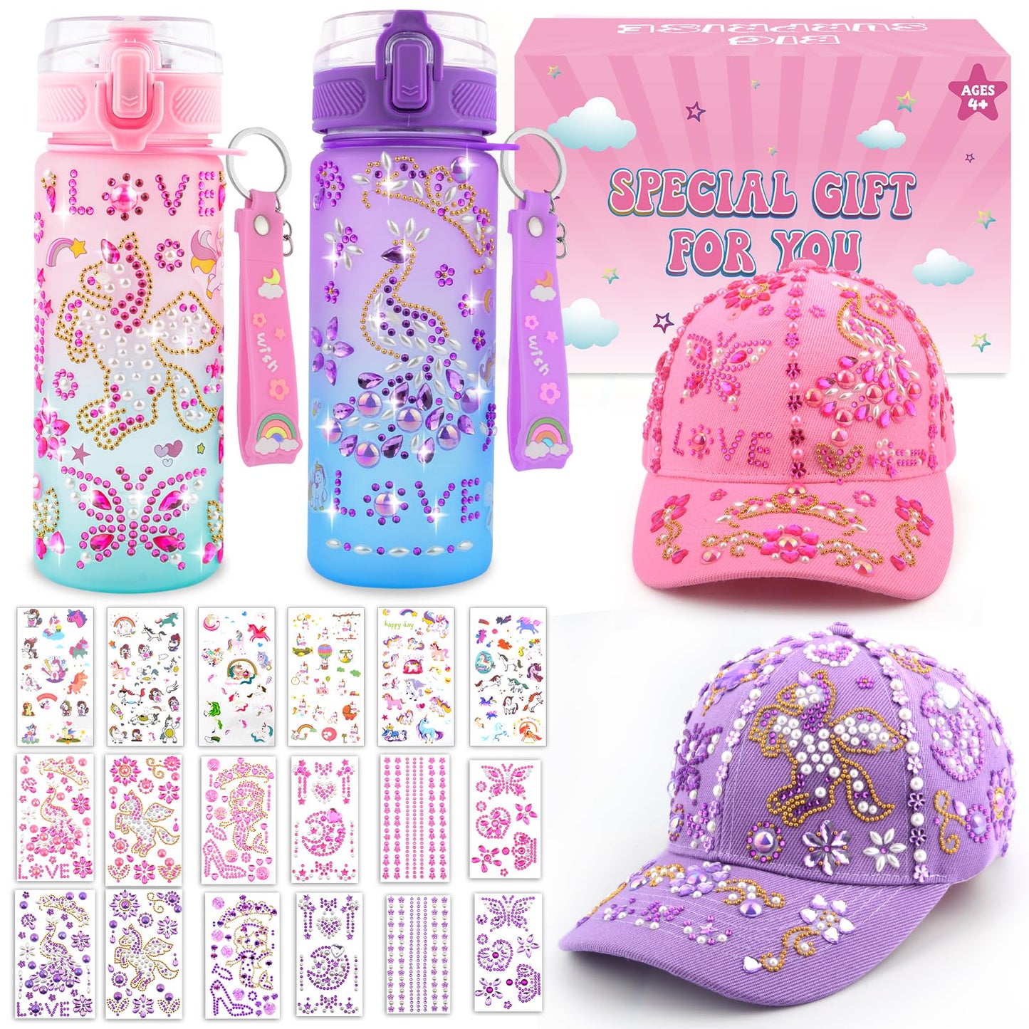 Gifts for Girls Decorate Your Own Water Bottle and Baseball Cap, Christmas Birthday Gifts for Girls 4 5 6 7 8 9 Year Old, Fun Arts and Crafts for Kids Ages 4-6, DIY Unicorn Stickers for Girl 8-10