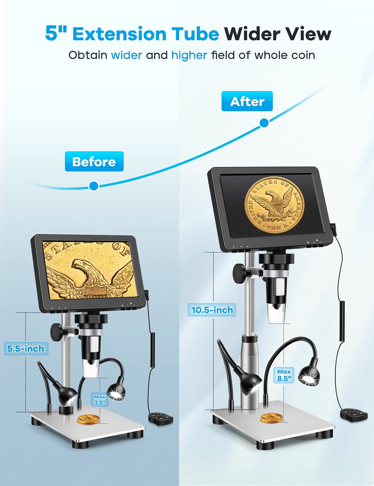 7" LCD Digital Microscope 1200X,12MP Coin Microscope with Screen for Adults,1080P Video Microscope with 12pcs Slides,Windows/Mac Compatible,32GB Card and 5" Extension Tube Included
