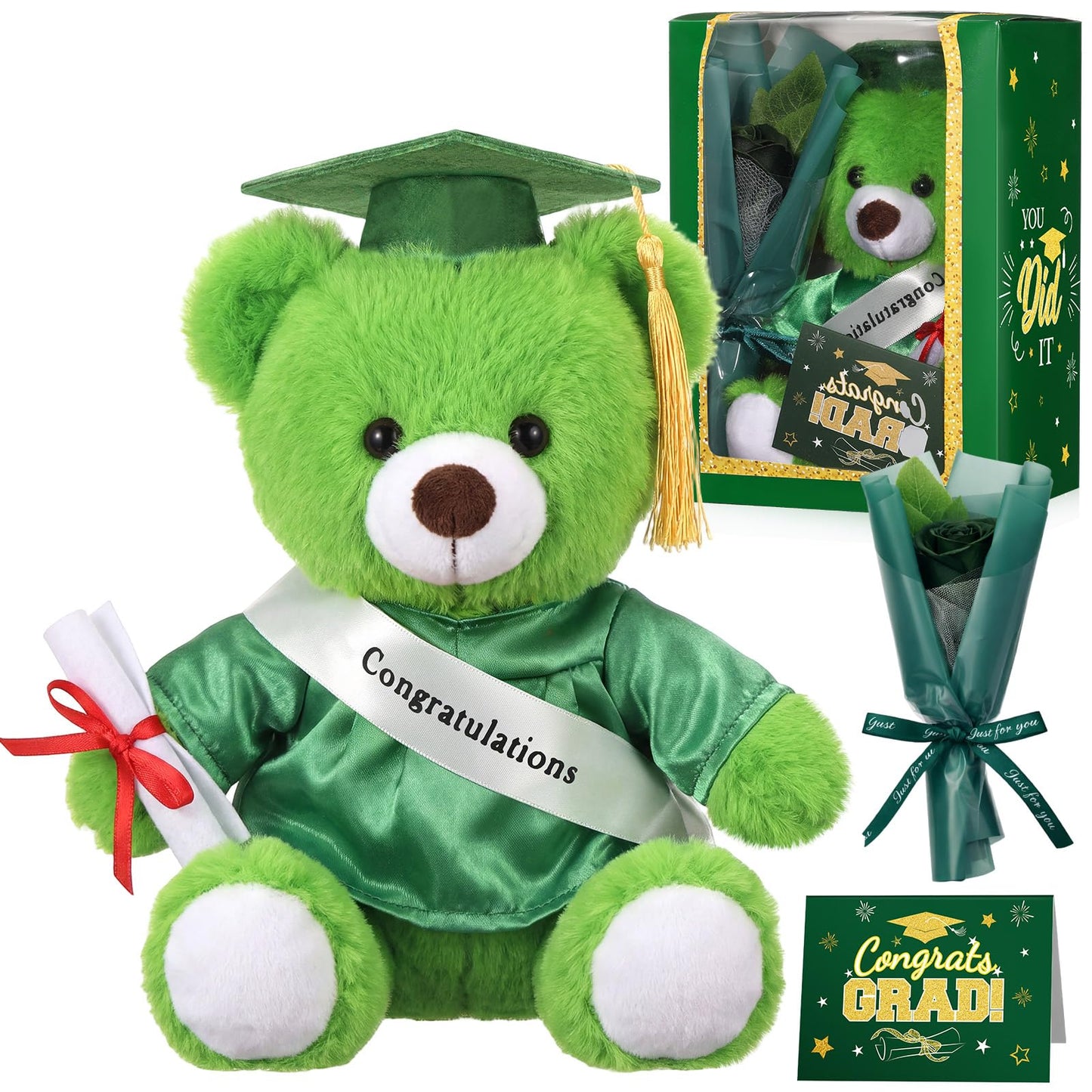 Hollowfly Graduation Bear Gifts Set Include Graduation Bear of 2026 Stuffed Animal with Cap and Gown, Artificial Flower, Graduate Gift Box with Window and Greeting Card for Him or Her(Green)