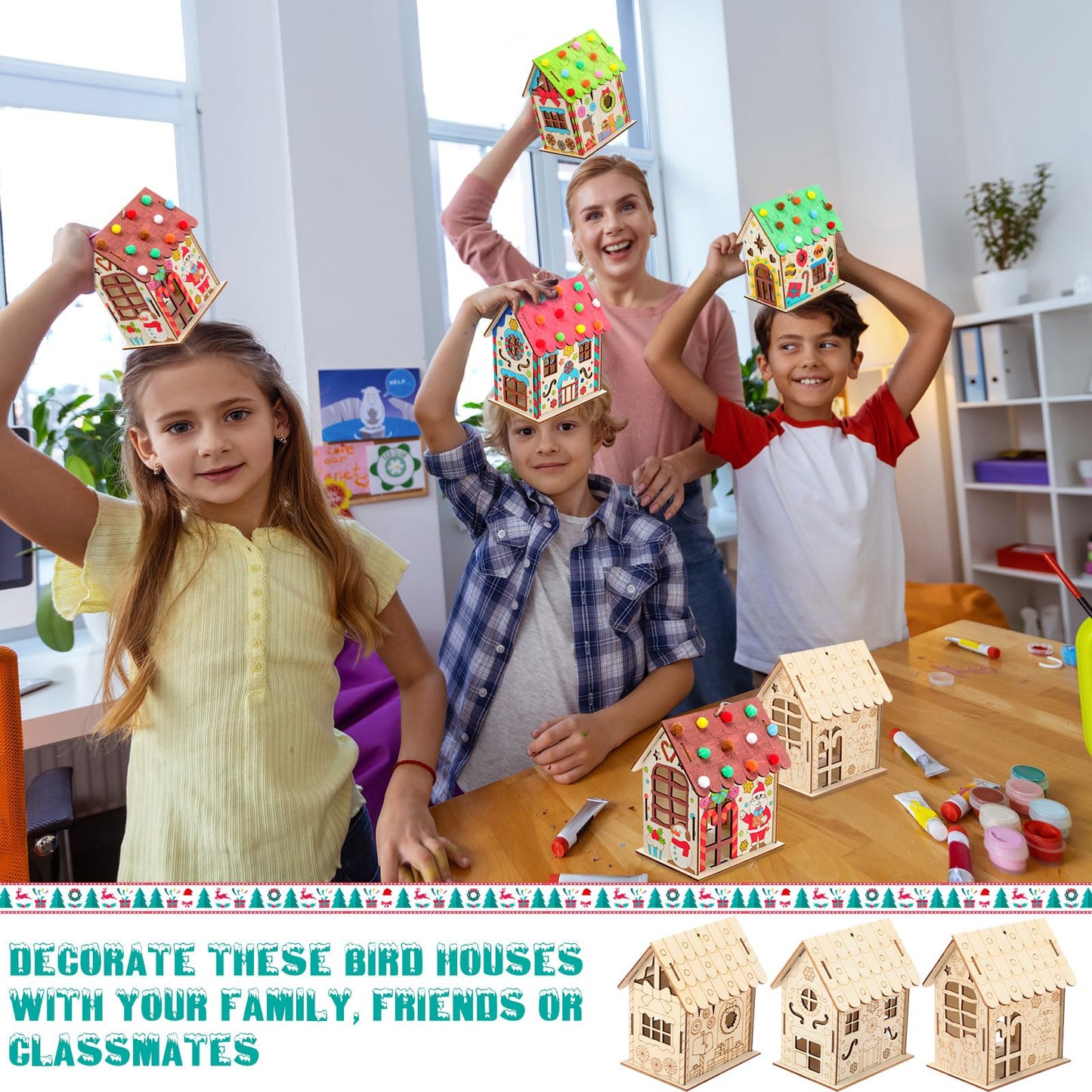 DoubleFill 36 Pcs Wood Gingerbread House Craft Kit for Kids DIY Wooden Christmas Birdhouse Craft Kits Holiday Village Houses Make a Gingerbread Wooden House for Xmas Party Game Supplies