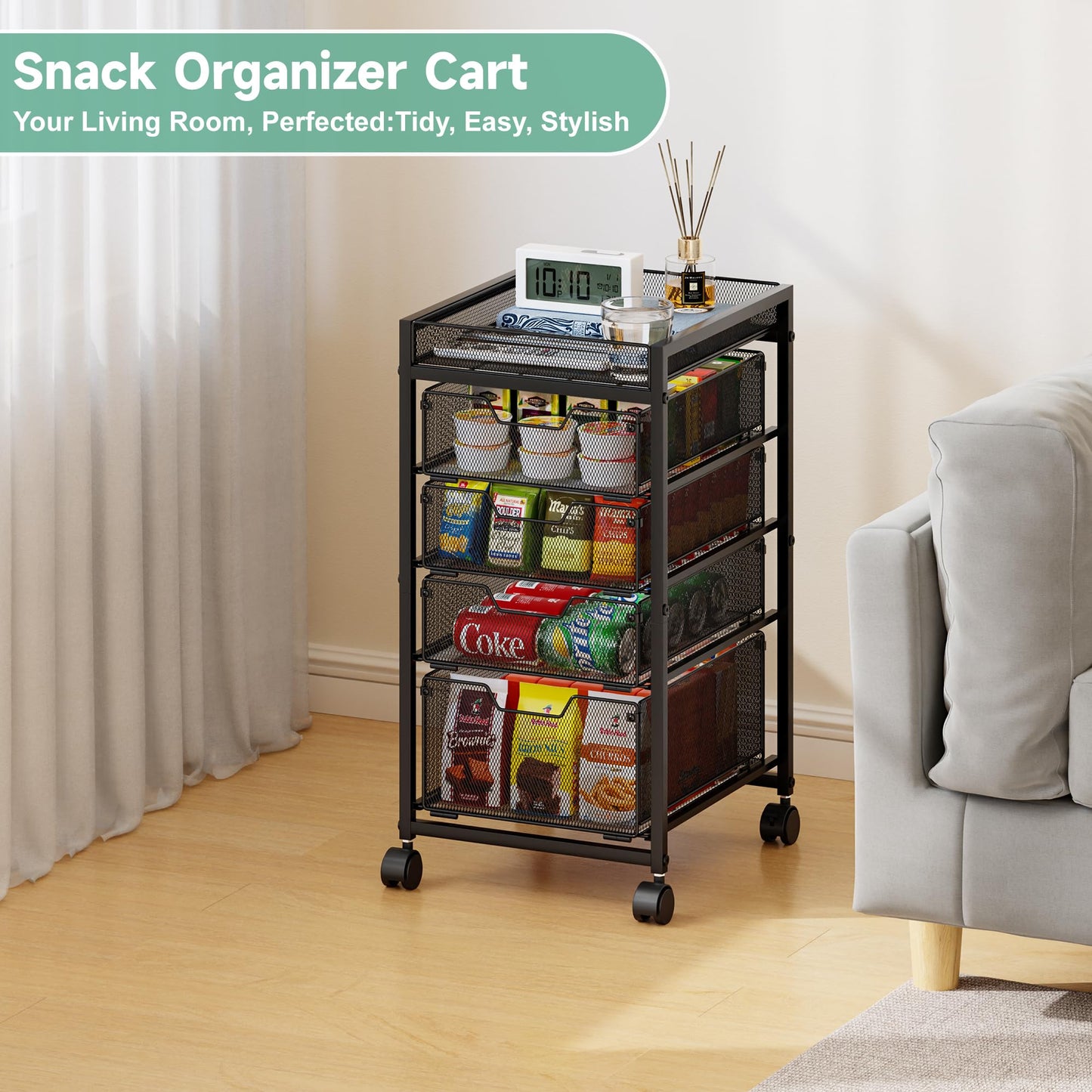 keomaisyto 5-Tier Kitchen Storage Cart with Top Basket & Drawers, Fruit and Vegetable Storage Rack on Wheels, Metal Rolling Cart with Drawers & Kitchen Organization for Snacks, Potatoes, Onions, Cans