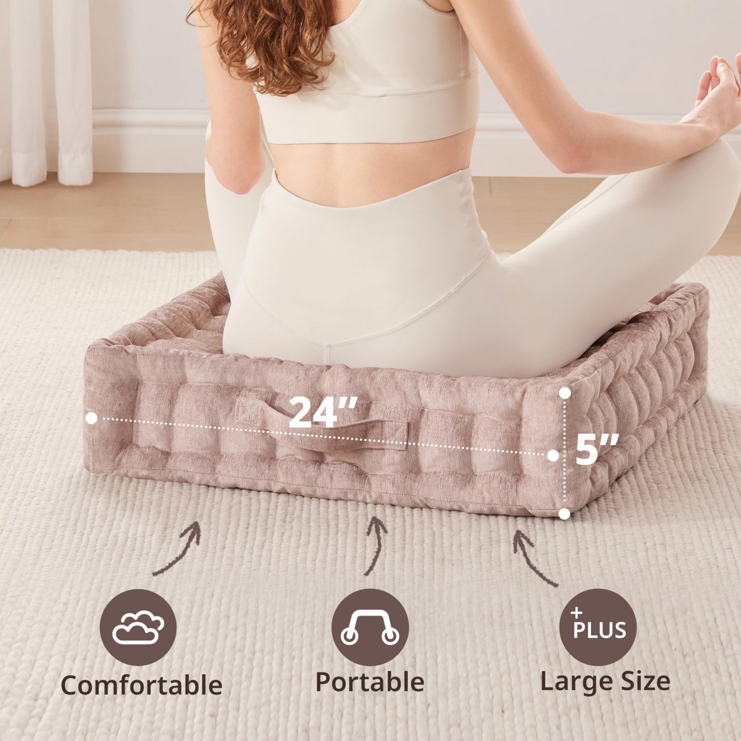 Intelligent Design Large Floor Pillow for Adults Yoga or Meditation Cushion with Handle, Floor Cushion for Board Games, Lustrous Chenille Tufted, Handsewn Scalloped Edge, Azza, 24" x 24" x 5" Blush