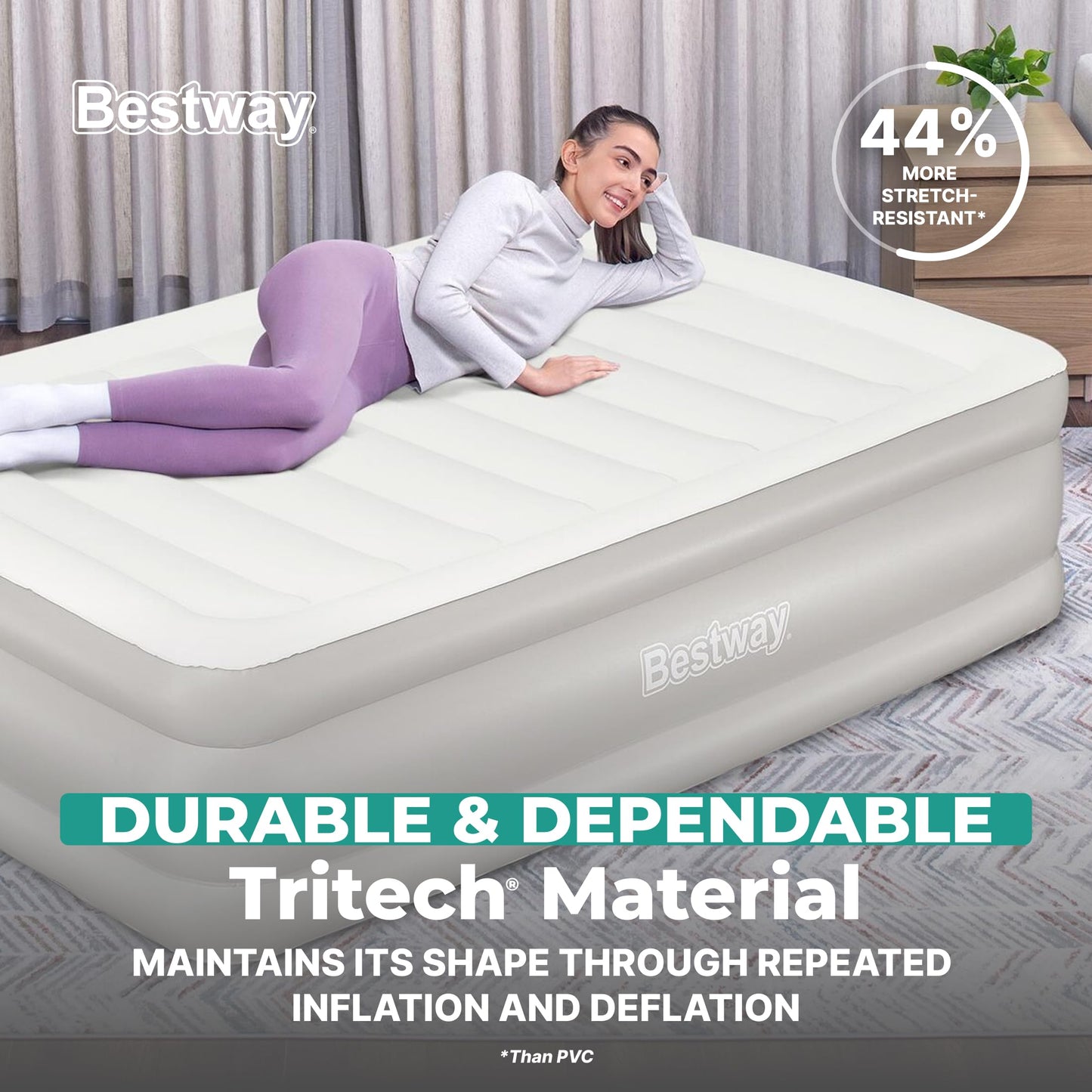 Bestway Tritech 20" Queen Air Mattress, Portable Queen Size Airbed with Contoured Comfort, Raised Sides, & Built-in AC Electric Air Pump, Warm Gray