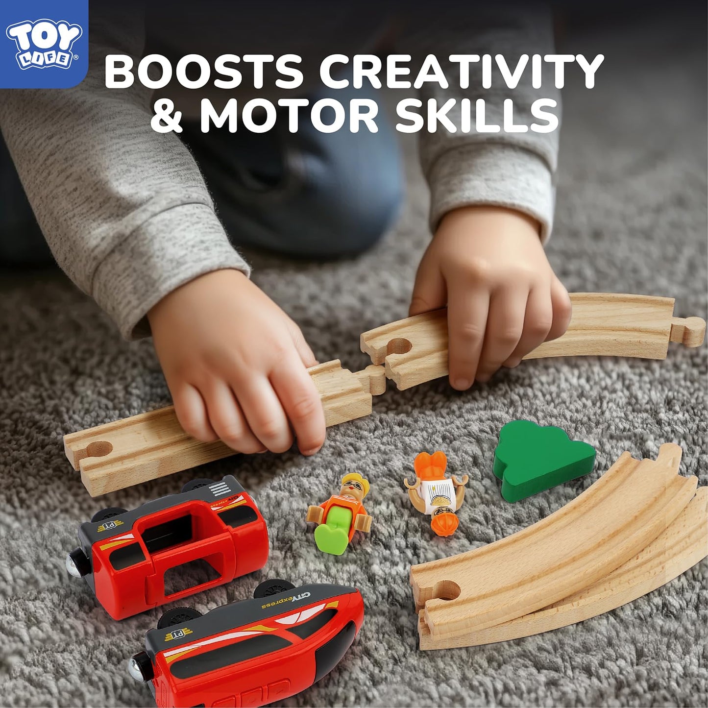 TOY Life Train Set 80pcs with Crane & Locomotive Train Toy, Wooden Train Tracks Toys for Toddlers Boys Girls 3 4 5, Wood Toys Gift Toddler Train for Kids 4-8 - Fits Thomas Brio Chuggington