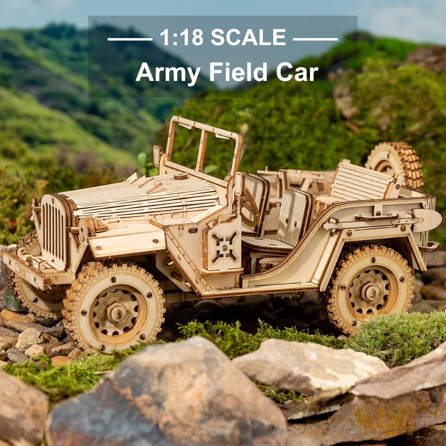 ROKR 3D Wooden Puzzle Scale Model Car -Self Building Vehicle Kits-Brain Teaser Toys- Birthday/Christmas Gift for Adults on (Army Jeep)