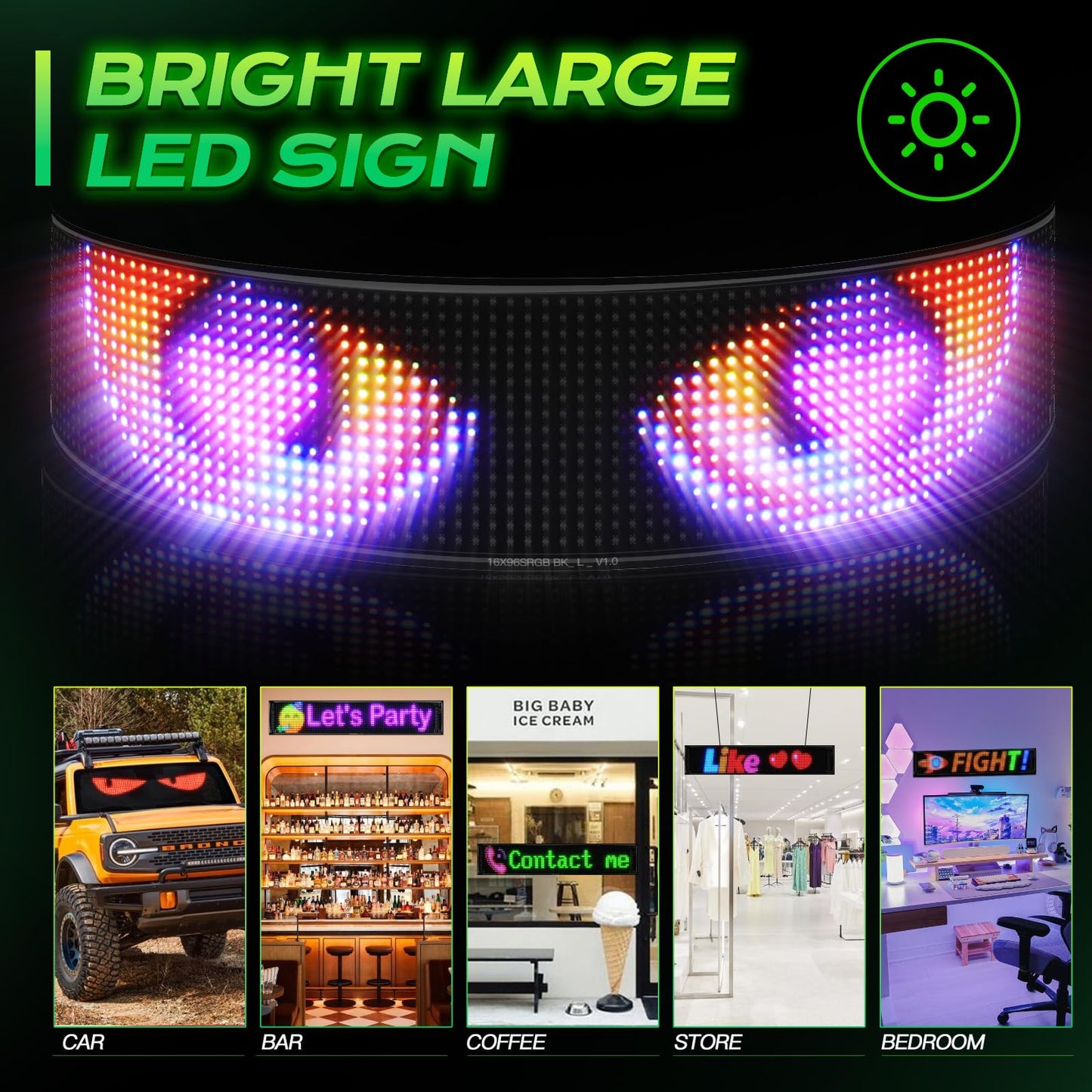 KJOY Huge Bright Devil Eyes LED Light for Car，23''x5'' Flexible Digital Scrolling LED Display，Bluetooth APP Control Custom Text Pattern Animation LED Store Sign for Car Business Hotel School（1pcs）