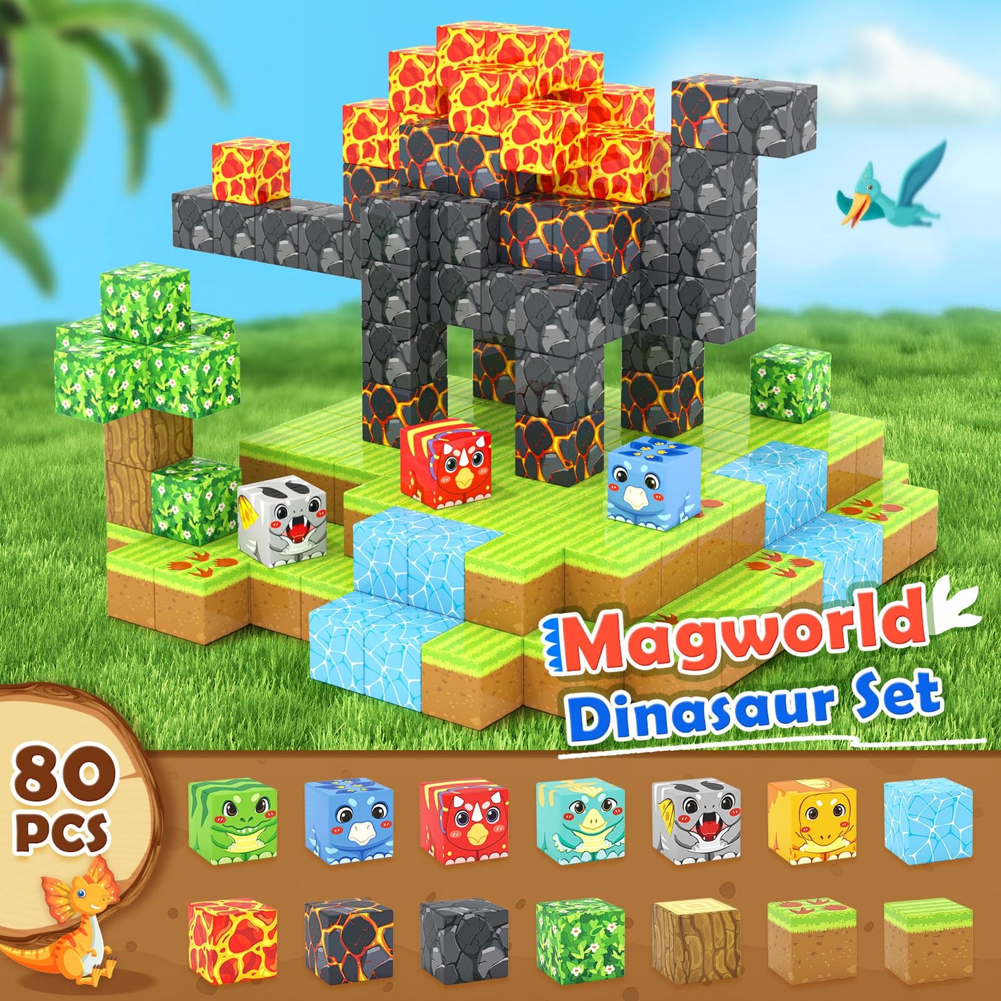 Magnetic Blocks Toys, Build Mine Magnet World Dinosaurs Set, Magnetic Tiles Building Toys for Boys & Girls Kids Ages 3-5 5-7, STEM Montessori Sensory Toys for Toddlers Gifts for 3+ Years Old