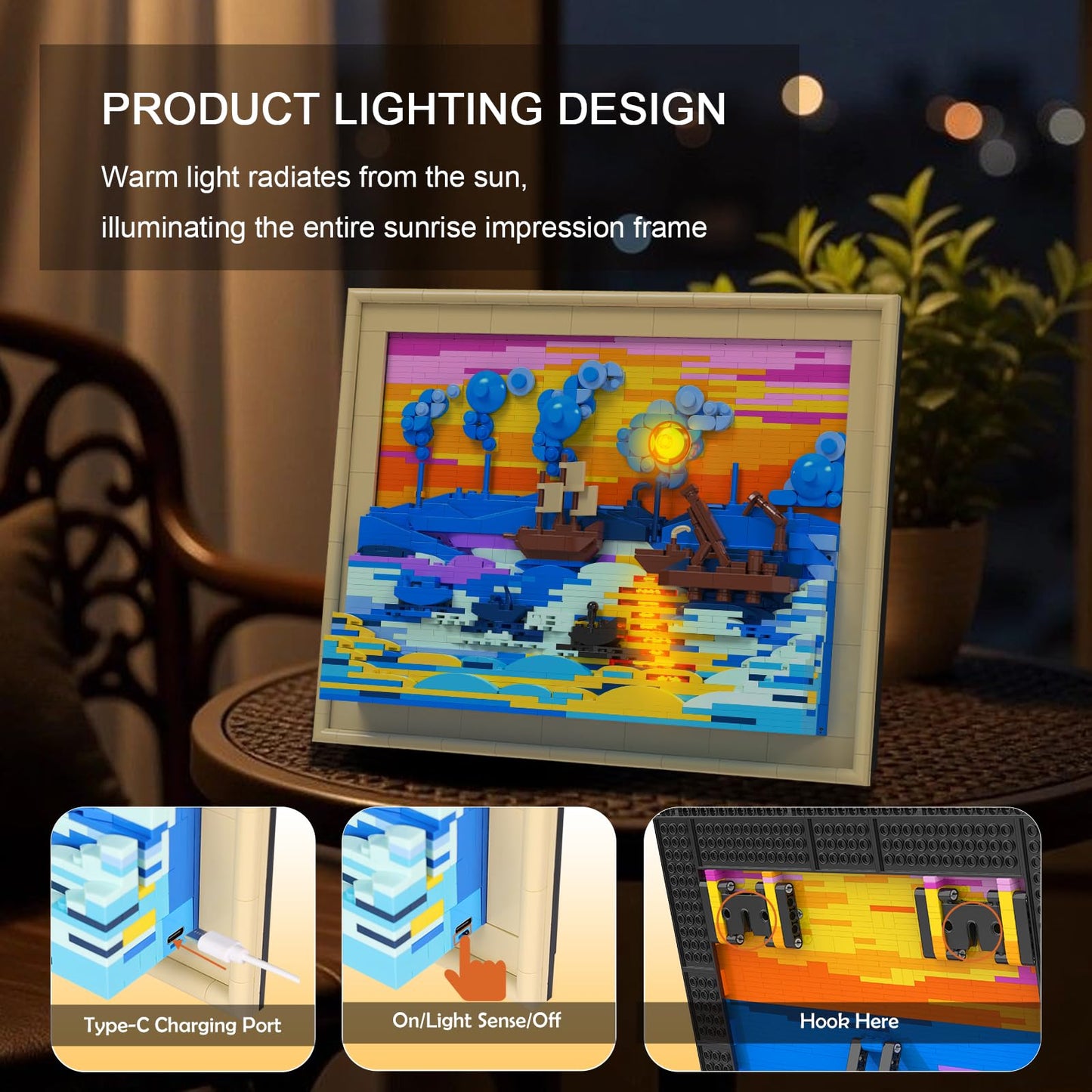 Brihappen Impression Sunrise Painting Frame Building Set for Adults Boys Girls, 3D Wall Monet Art Craft with Light for Home Office Decor, Ideas Toy Building Kit, Creative Birthday Gifts（1514 Pieces）
