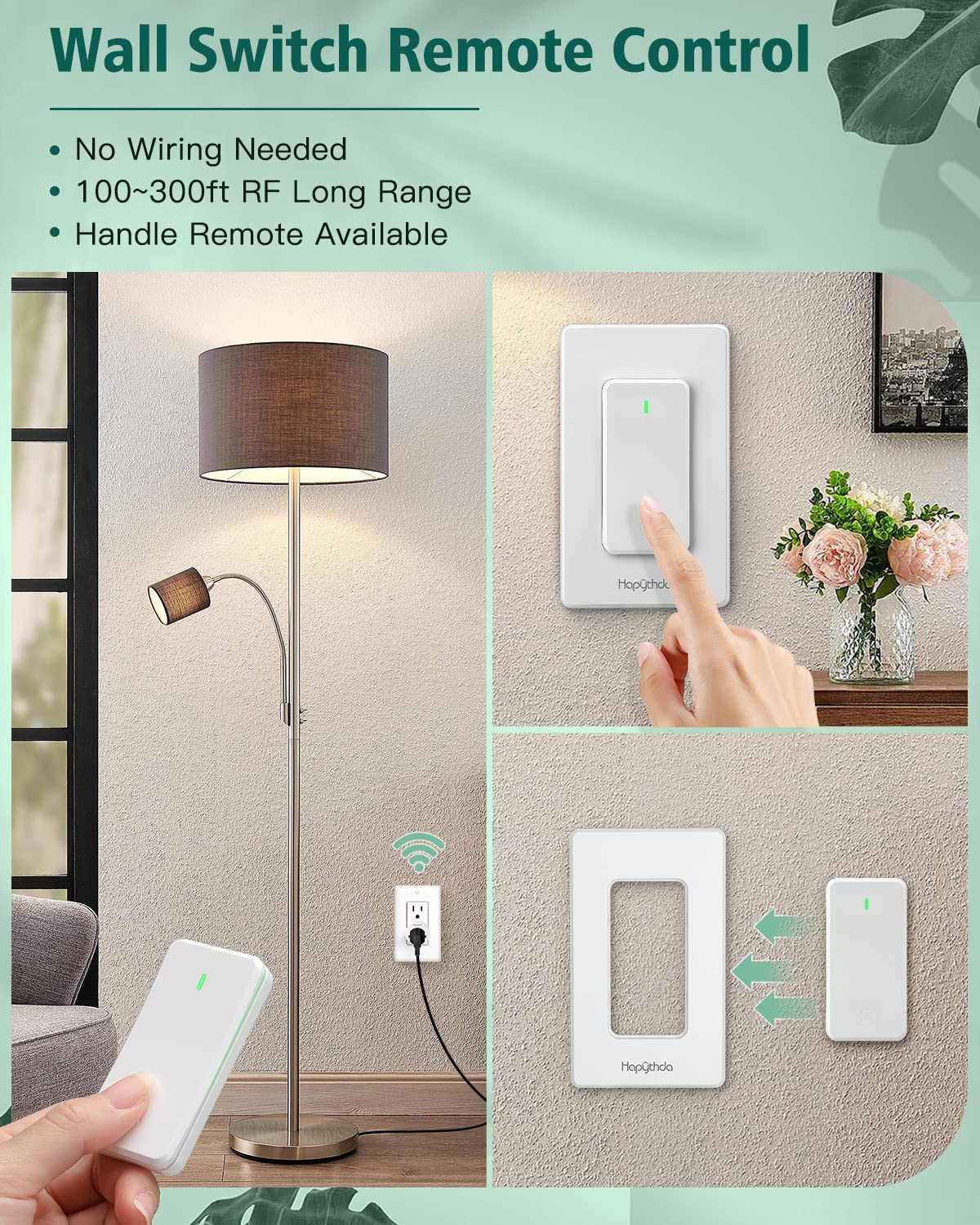HAPYTHDA Remote Control Outlet, Wireless Wall Mounted Light Switch, 15A/1500W Remote Outlet for Light & Small Electrical Appliance, 300 Feet RF Range, Anti-Surge 4000V, 1 Remote and 2 Outlets