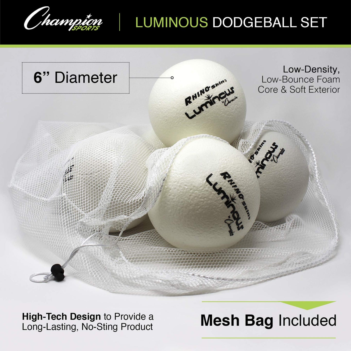 Champion Sports Premium Rhino Skin Dodgeballs with Mesh Storage Bag, Set of 6 - Glow in the Dark Playground Balls for Outdoor Games and Gym Class - Low Bounce Dodgeballs