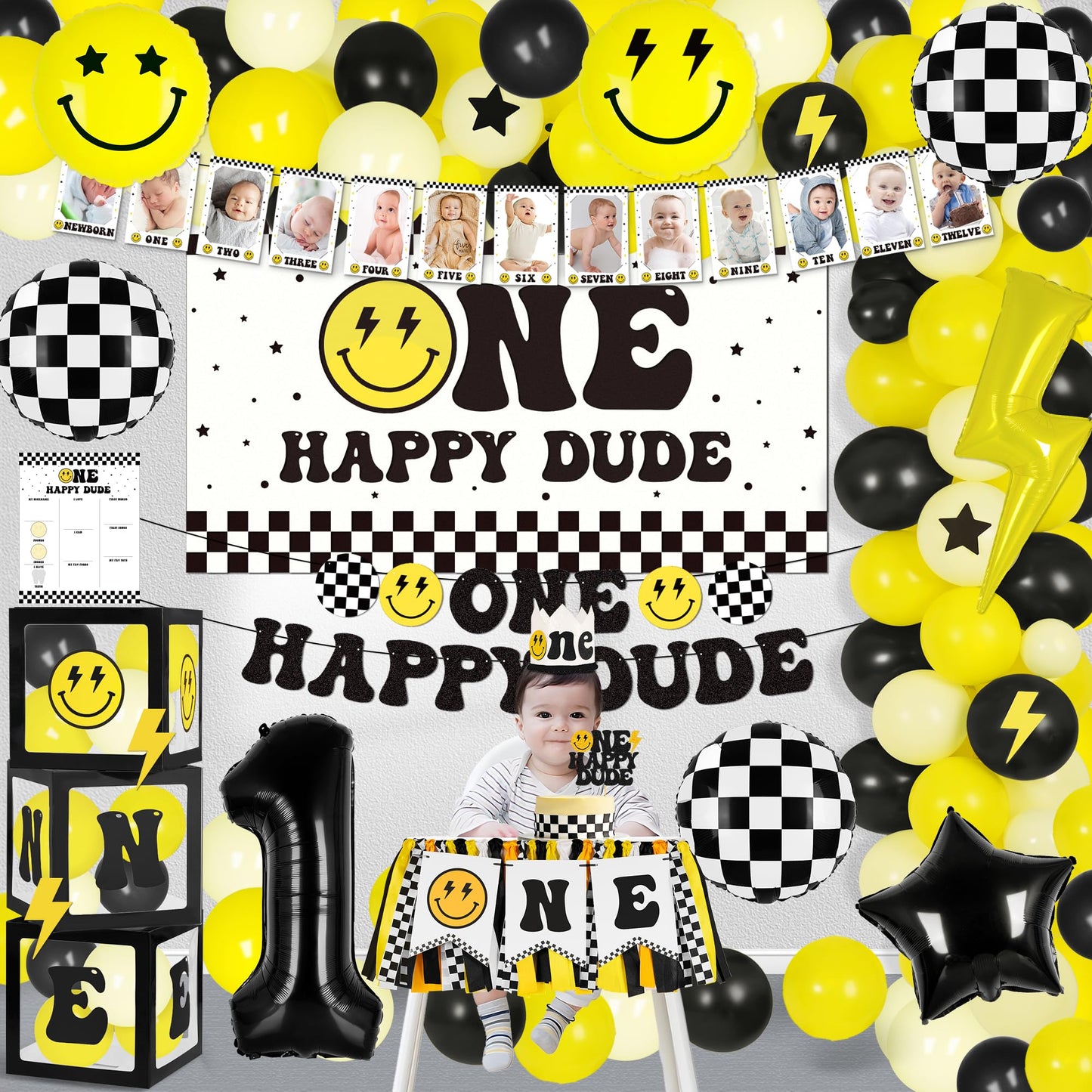 Kriyokiaa One Happy Dude 1st Birthday Decorations First Birthday Smile Face Balloons Arch High Chair Banner Backdrop Birthday Party Supplies Backdrops for Boy Girl