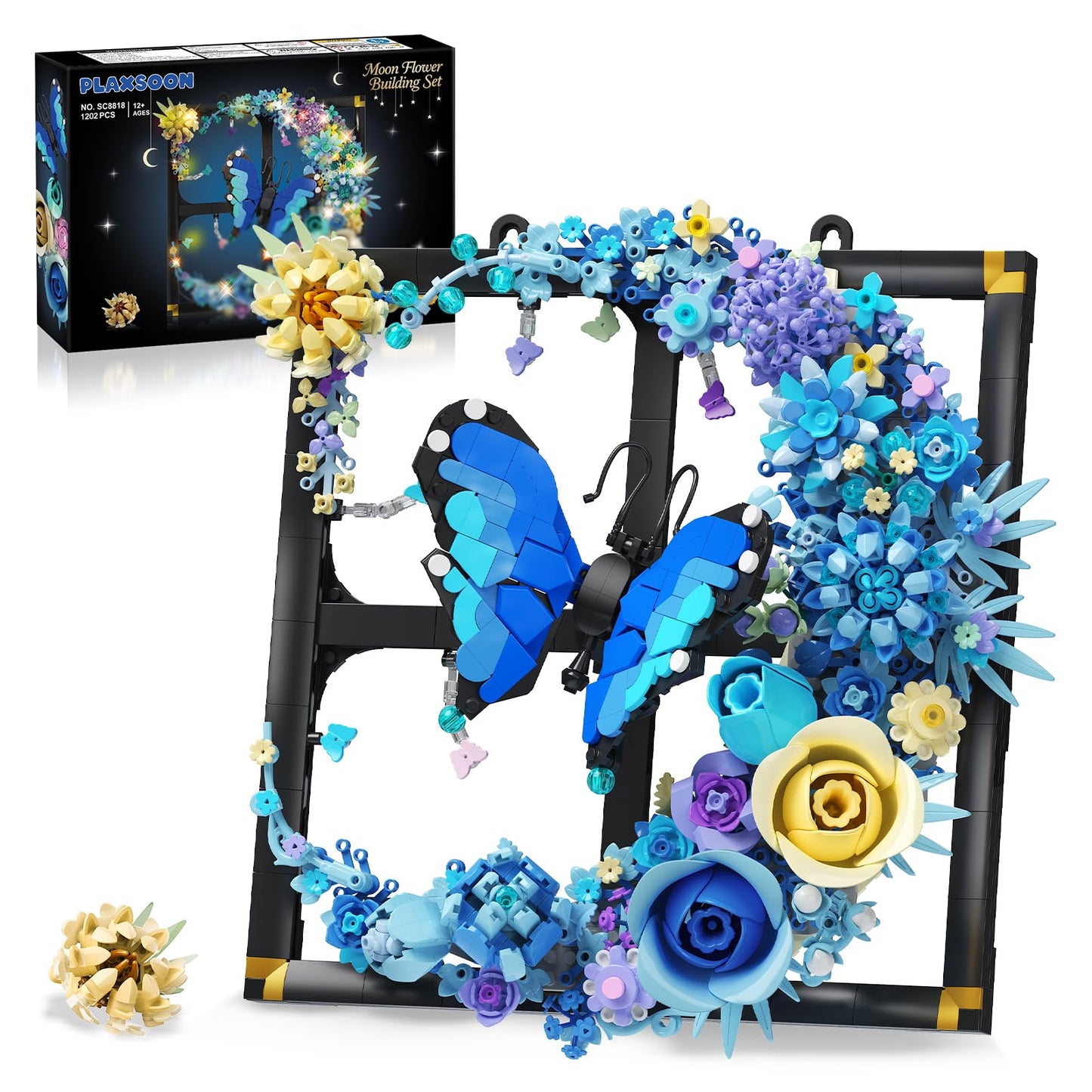 PLAXSOON Moon Flower Building Set with Lights, 1202 PCS Wall Botanical Flowers Building Block Kit with Butterfly, Floral Plant Office Home Decor for Her Adults Women Boys Girls 12+