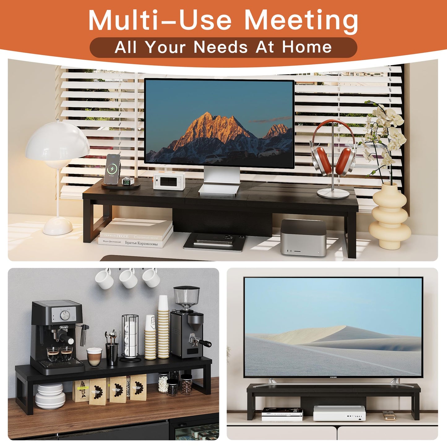 HEWORLIF Dual Monitor Stand Riser, Wood and Steel Monitor Stand for Desk, Multi-Purpose Desk Shelf Organizer for Computer, Laptop, Printer, TV, Black