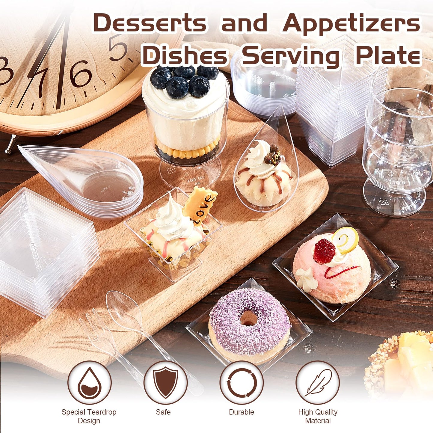Tessco for you 800 Pcs Mini Appetizer Plates Dessert Cups Spoons Forks Set Dessert Containers Assorted Shape Plastic Parfait Cups Disposable Spoon Forks for Party Serving (Clear)