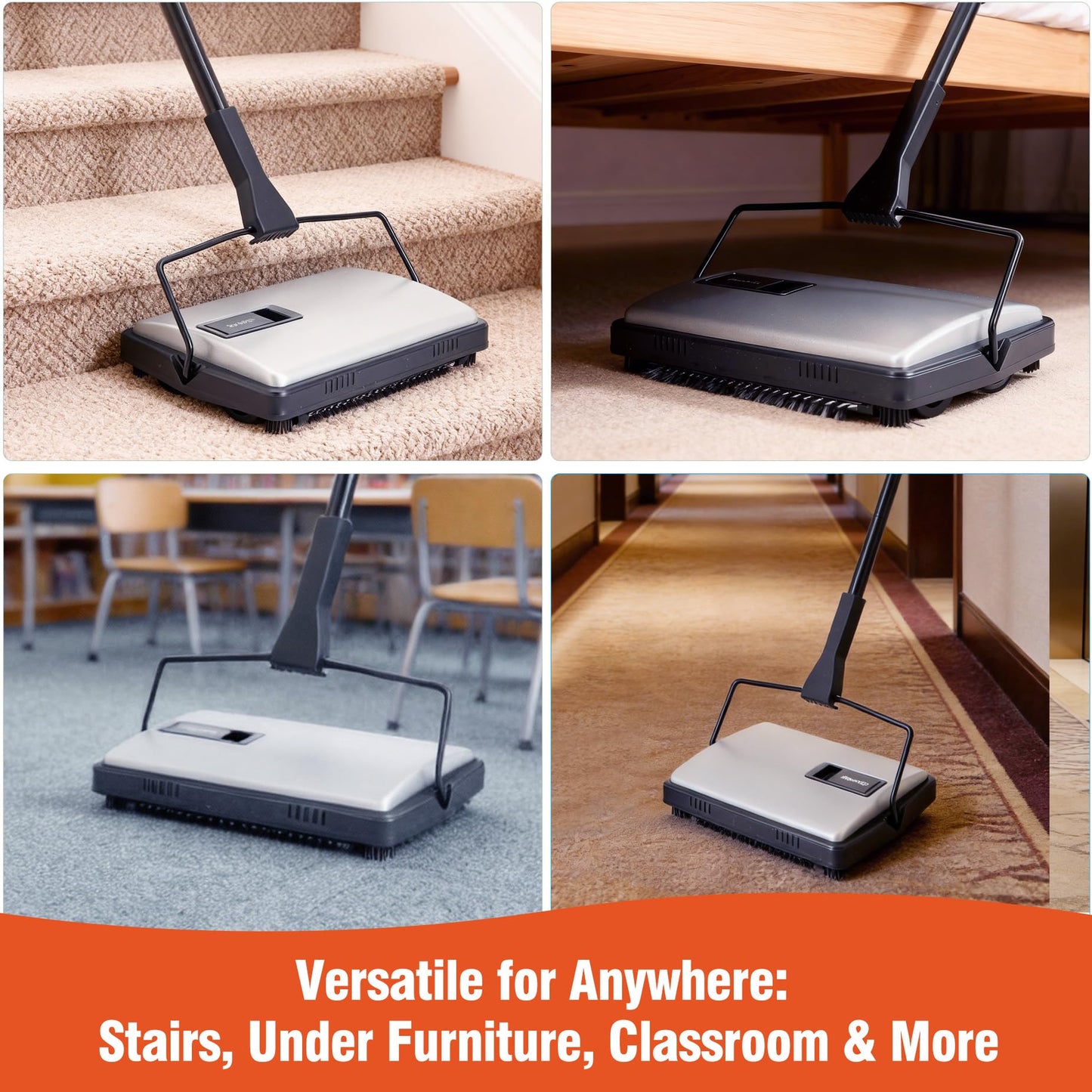 CLEANHOME Carpet Sweeper Manual Cordless - Non-Electric Push Sweeper for Pet Hair & Debris on Carpets & Rugs, Includes Cleaning Tool & Extra Replacement Roller