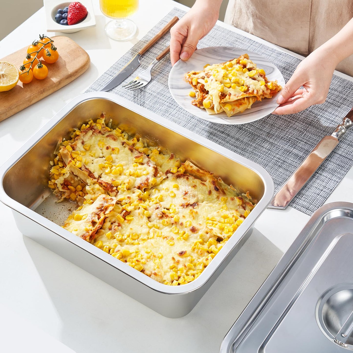 4-Piece 4 Inch Extra Deep Lasagna Pan with Lid, 11.6x15.6 Inch 9.2QT Large Stainless Steel Nonstick Lasagna Baking Roasting Dish Pan for Oven(L, 2 Pack)