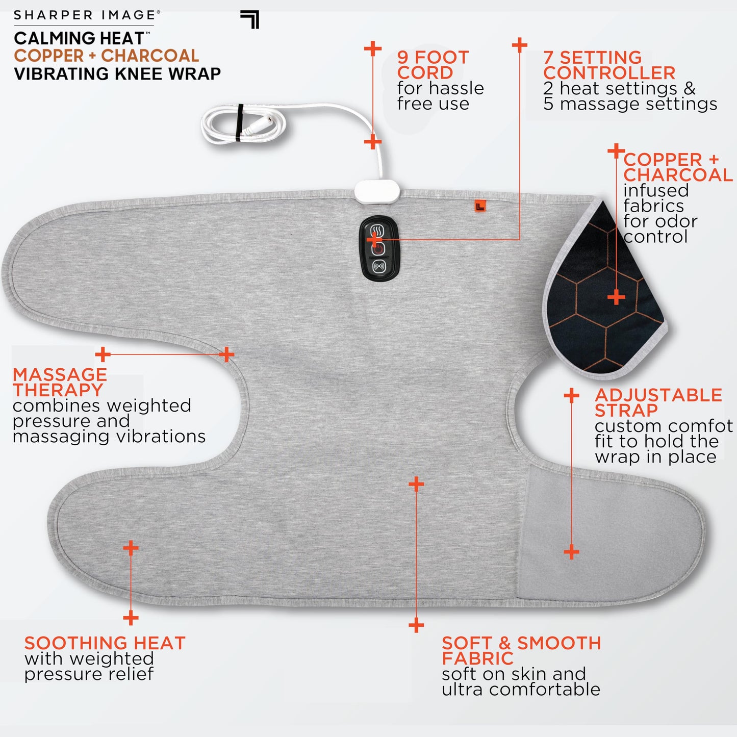 Calming Heat Knee Wrap by Sharper Image Personal Electric Heating Pad with Copper & Charcoal; Vibrations, 2 Heat & 5 Vibrating Massage Settings for 10 Relaxing Combinations