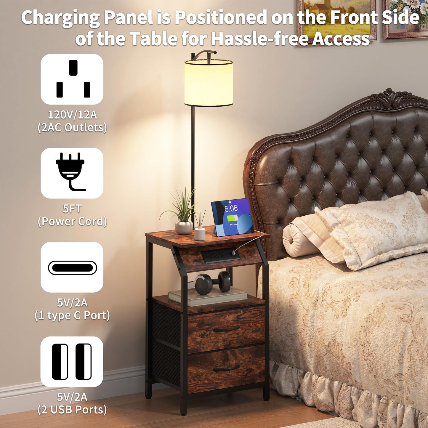 ZHNSYDN End Table with Floor Lamp, Nightstand with Charging Station, Floor Lamp Table with 3-Color Temperature Bulb, Bedside Table Night Stand with 2 Drawers for Bedroom, Living Room, Brown