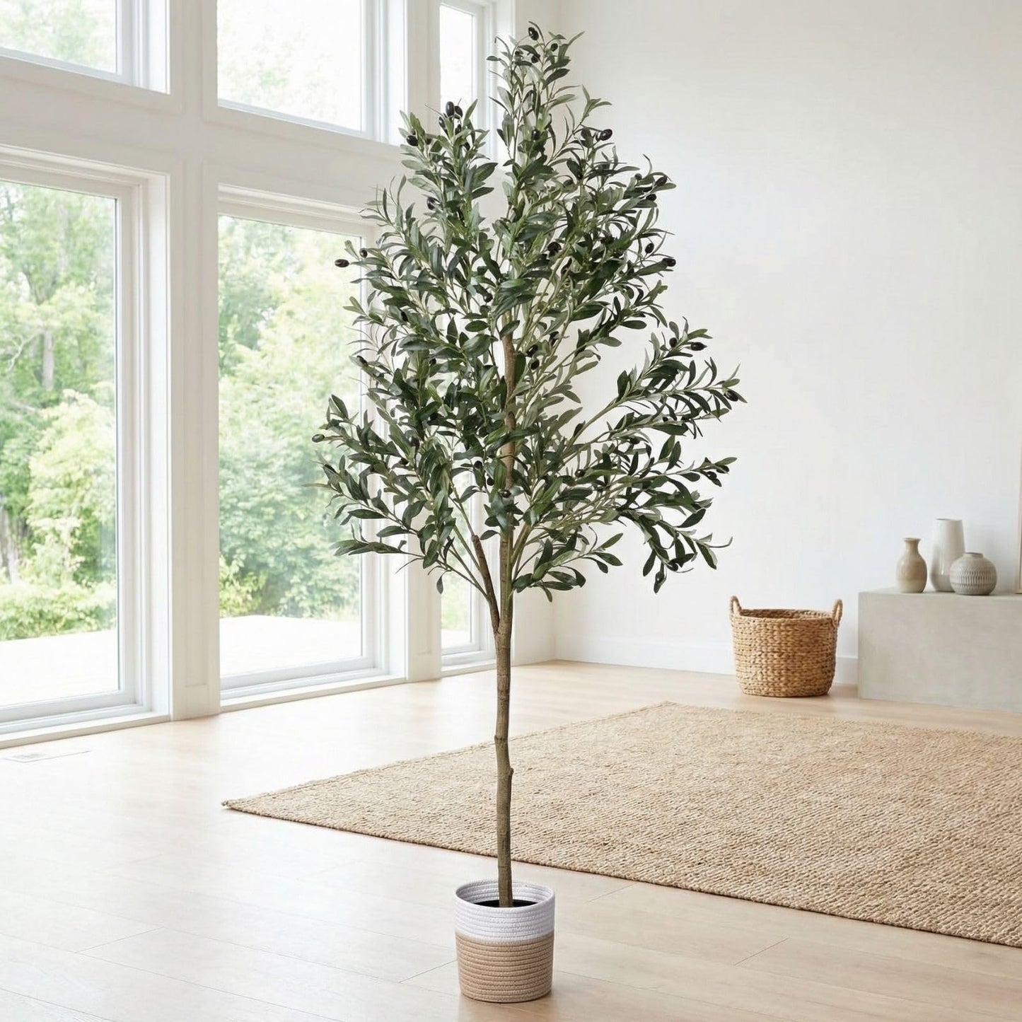 BAXAM 6ft Dense Leaves Artificial Olive Tree with Woven Basket - Realistic Faux Olive Tree for Living Room, Office & Home Decor - Large&Tall Indoor Floor Plant，Aesthetic Silk Plants