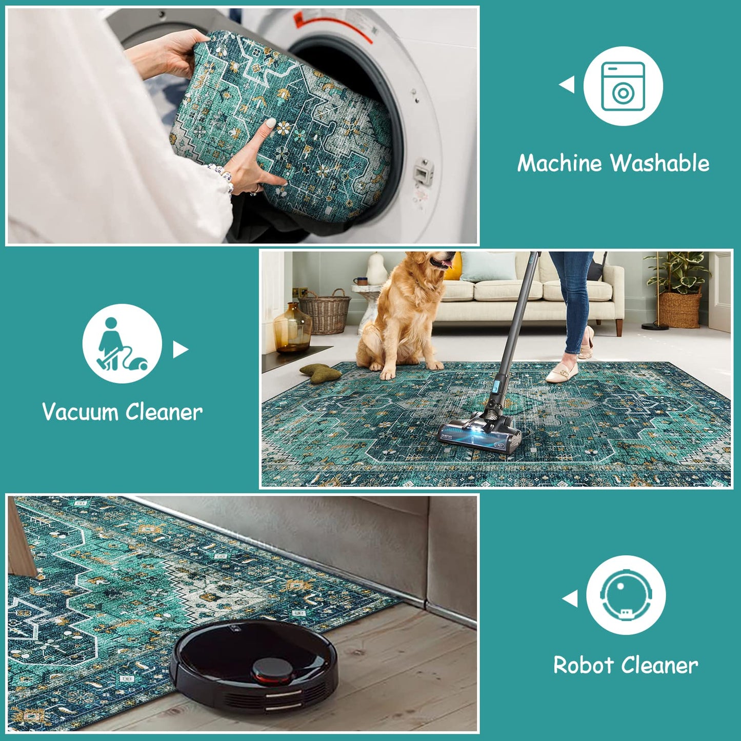 Moynesa Ultra-Thin Washable Runner Rug - 2'6" x 10' Teal Runners for Hallways Stair Carpet Runner, Oriental Non Skid Non Shedding Low Pile Kitchen Mat for Bedroom Mudroom Hardwood Floor