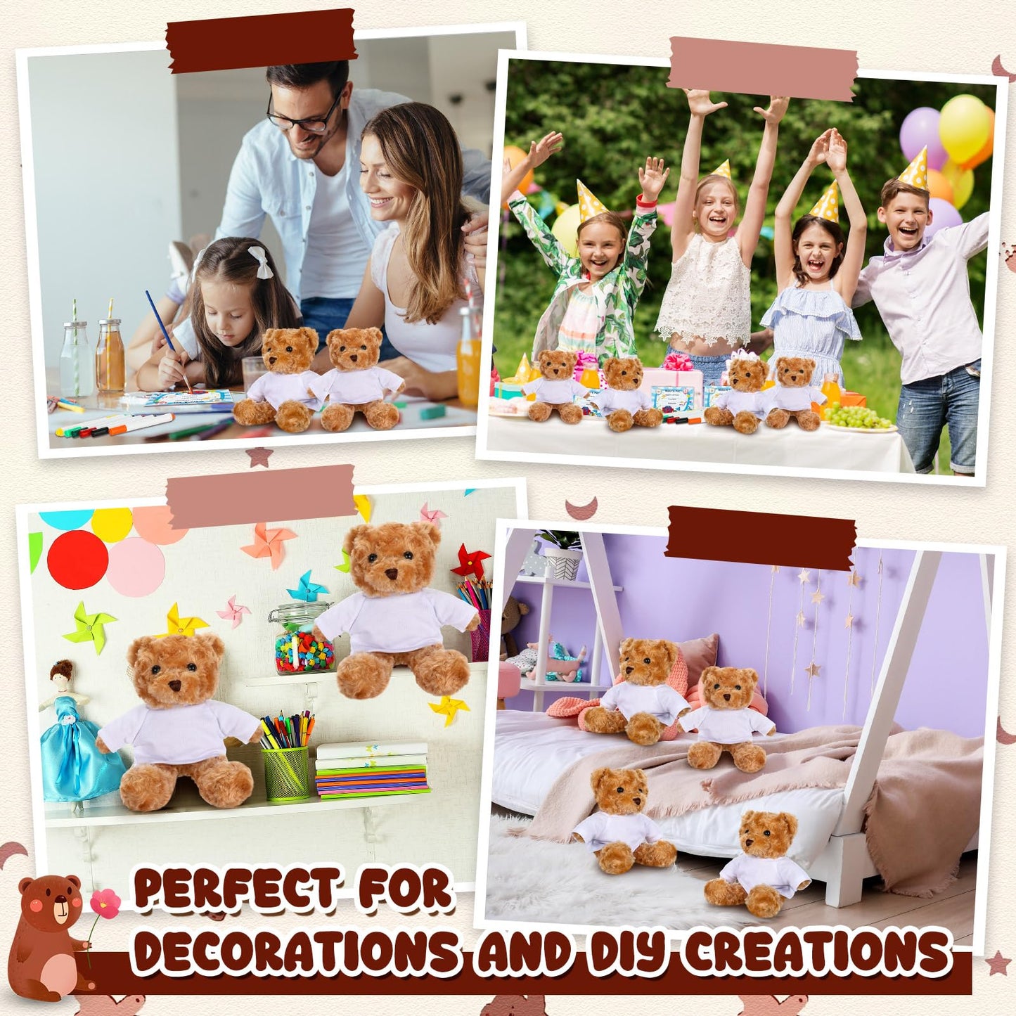 Blueweenly 40 Pcs Make Your Own Stuffed Bear Gift Kit 10 Pcs 9.84 Inches Rose Velvet Bear 10 White T Shirt 10 Set 12 Color Watercolor Pen 10 Paper Card DIY