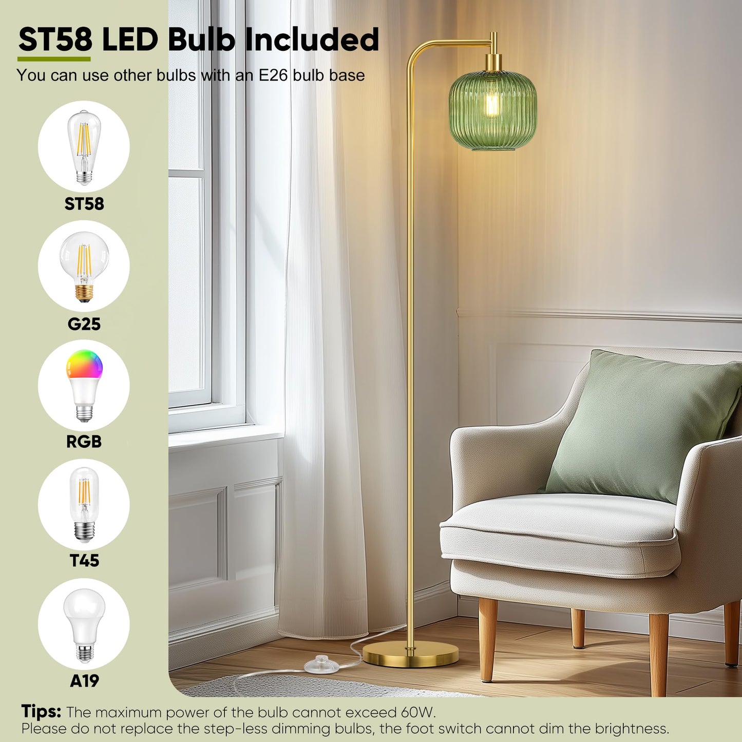 QiMH Glass Floor Lamp for Living Room, Modern Standing Lamp with Ribbed Glass Lampshade Pedal Switch, 67” Tall Lamp for Bedroom Study Room, Brushed Gold (2700K LED Bulb Included)