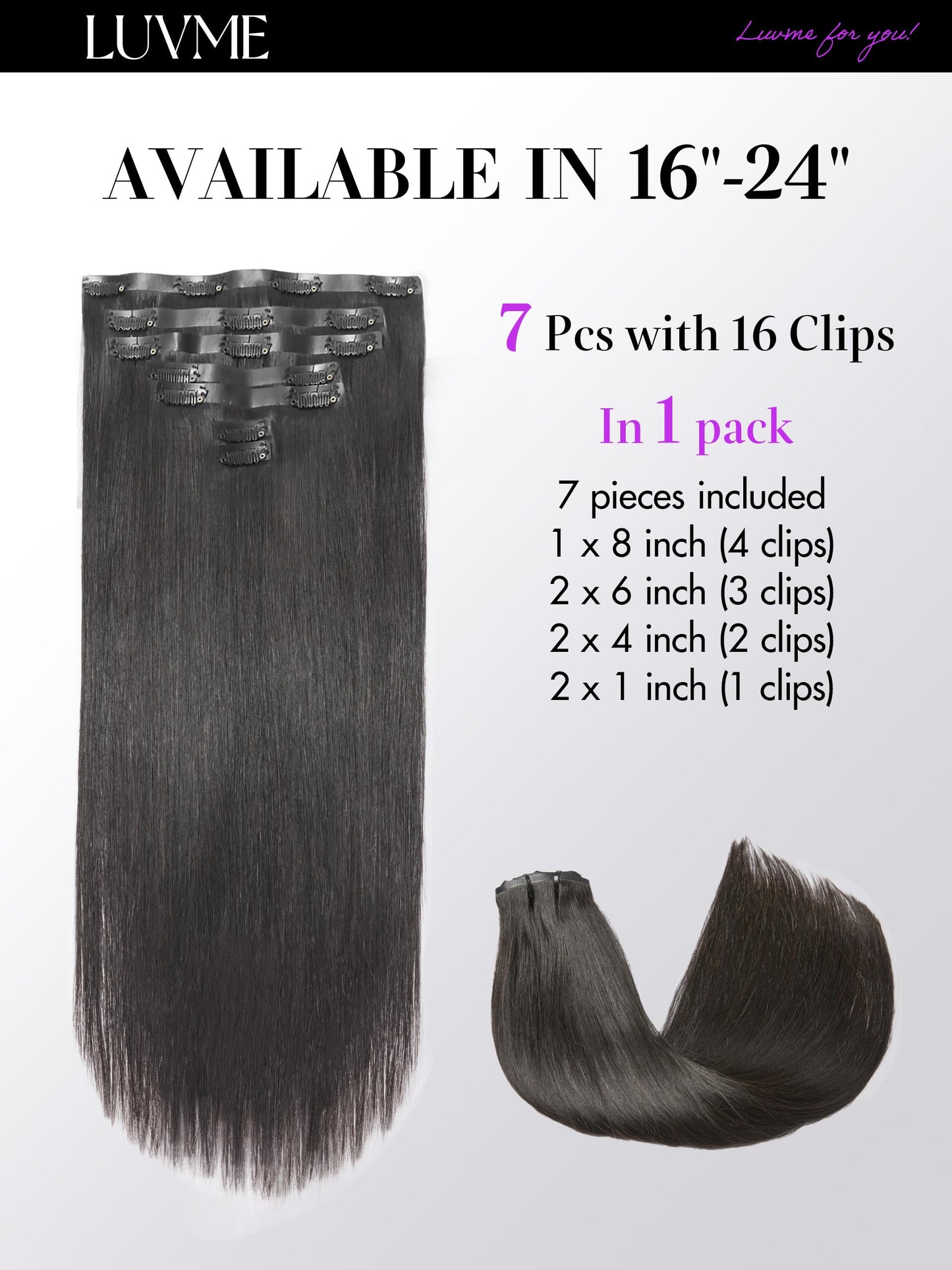 LUVME Straight Seamless 110g 7Pcs Clip in Hair Extensions Full Max with 18inch Remy Human Hair Extensions, Natural Black 100% Real Soft Human Hair Extensions