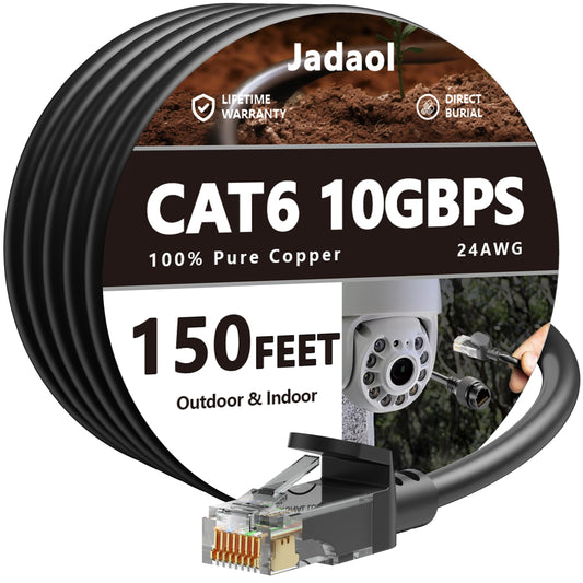 Cat 6 Outdoor Ethernet Cable 150 ft (45.72m), Support Cat8/7 Network, 10Gbps 550MHz, 24AWG Pure Copper, Direct Burial Waterproof In-Ground UV Resistant LAN Patch Cable for Router, Modem, Switch, Black