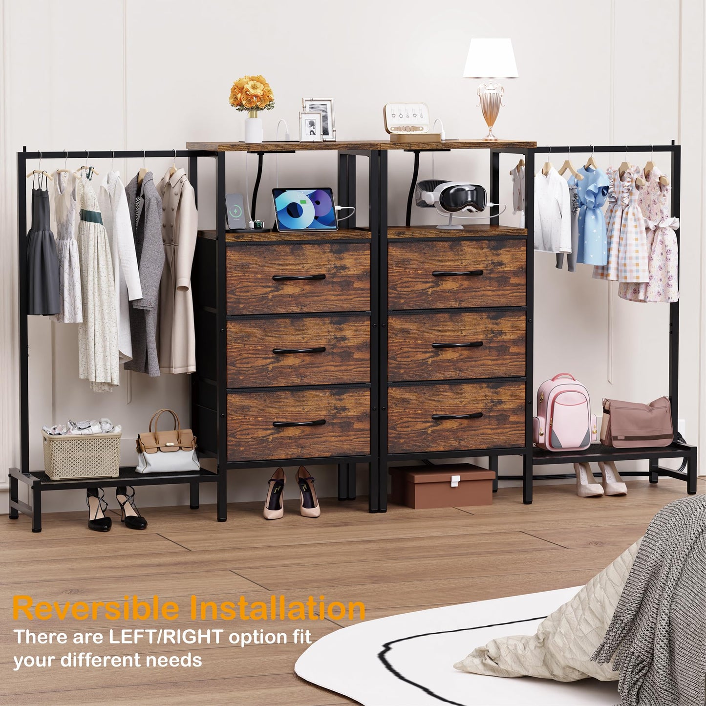 ZHNSYDN Dresser for Bedroom with Hanging Rack, 3 Drawers Closet with Charging Station, Fabric Chest of Drawers with Clothes Rack, Storage Organzier for Hallway Entryway, Brown