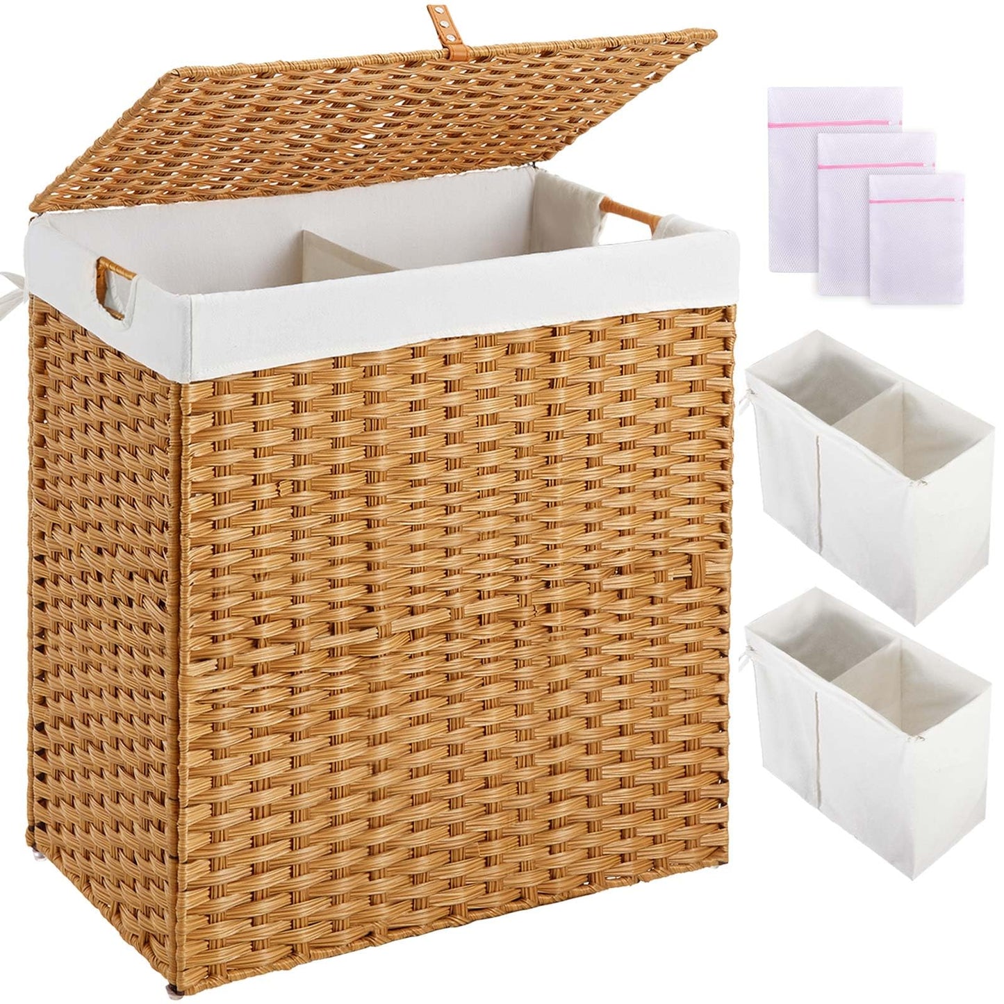 Greenstell Laundry Hamper with lid, No Install Needed, 130L Wicker Laundry Baskets Foldable 2 Removable Liner Bags, 2 Section Clothes Hamper Handwoven Rattan Laundry Basket with Handles, Natural