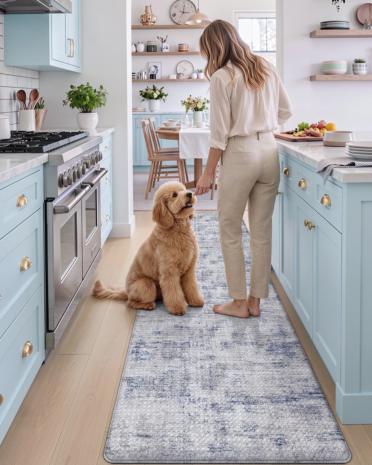 DEXI Kitchen Mats Cushioned Anti Fatigue, 23x86 Floor Padded Runner Rug Non Slip, Waterproof Standing Comfort Memory Foam for Front Sink Laundry, Blue