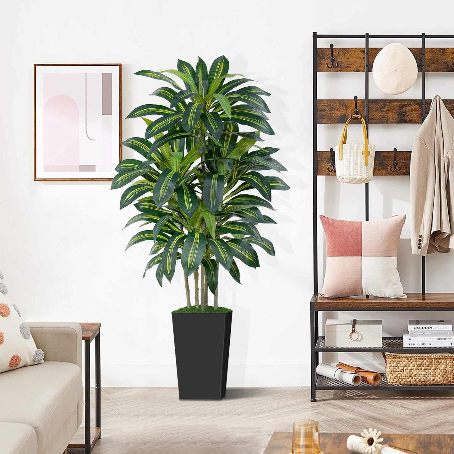 Keeplush 5FT Artificial Dracaena Tree - High-Density Foliage Fake Plant with Black Tall Planter - Faux Yucca Floor Plant for Home Office Decor Indoor