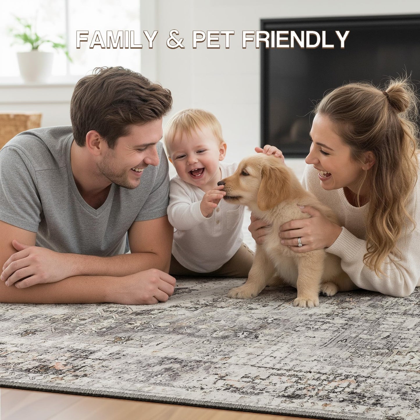 YOH Boho Washable Rug 5x7, Charcoal Gray Vintage Non Slip Area Rug, Distressed Indoor Carpet for Living Room Bedroom Kitchen Office
