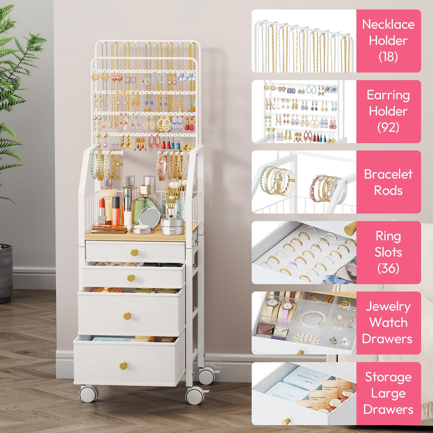 SWTYMIKI Jewelry Organizers and Storage- Multifunctional Stand Jewelry Organizer Cabinet for Necklace, Earring, Ring & Bracelet - Jewelry Box Necklace Holder with 4 Nonwoven Drawers & Wheel White