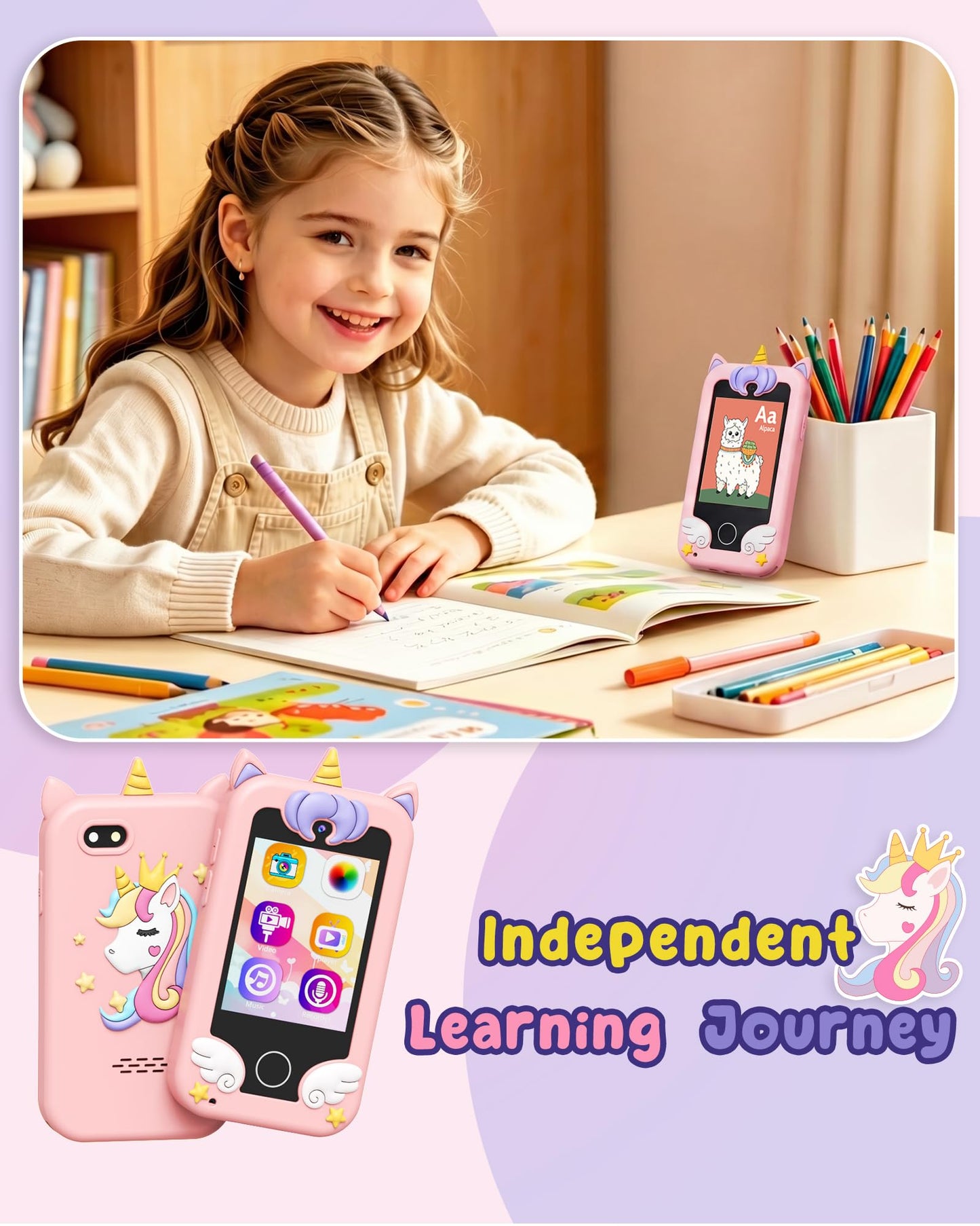 UCIDCI Kids Smart Phone Toys for Girls Ages 3-7 with Dual Camera - Kids Phone with Learning Games, Travel Toys with MP3 Music Player for Christmas, Birthday Gifts for 3 4 5 6 7 Year Old Boys