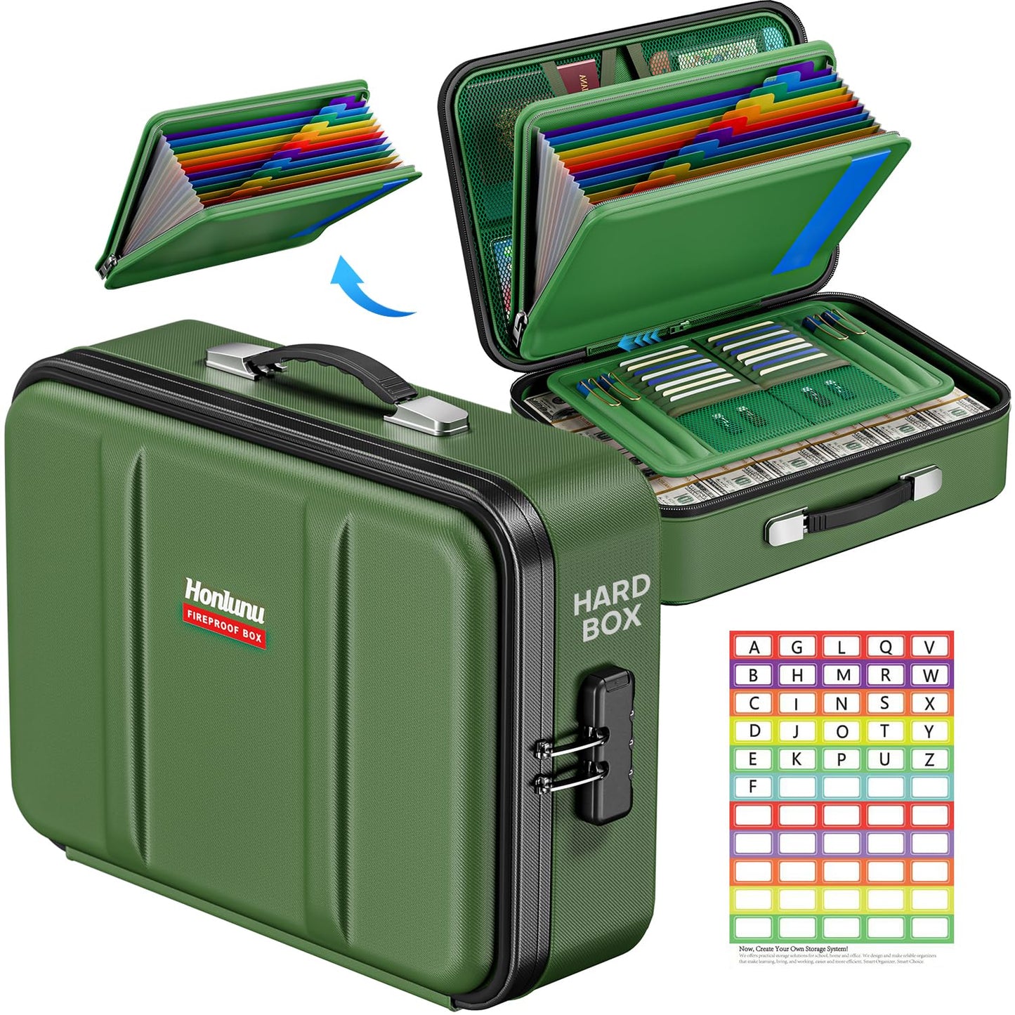 Honlunu Fireproof Document Box, Hard Case Fireproof Document Organizer with Lock, Water Resistant Safe Box for Important Documents Certificates Laptop Passports, Green