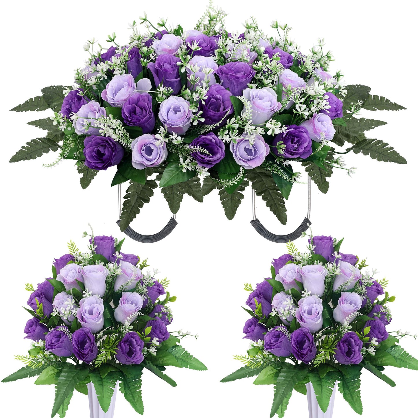 Lodou 3 Sets Cemetery Flowers for Grave,Headstone Flower Saddle,Grave Memorial Flowers with Vase for Cemetery Headstones Decoration(Purple)