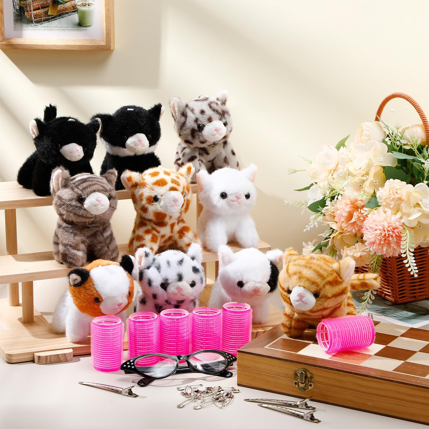 Simgoing 47 Pcs Halloween Cat Stuffed Toys Bulk Soft Cuddly Kitten Plush Animals Sets with Hair Curlers Glasses Hair Clips Kittens Fluffy Stuffed Cats for Christmas Birthday Gift Pet Party Favors